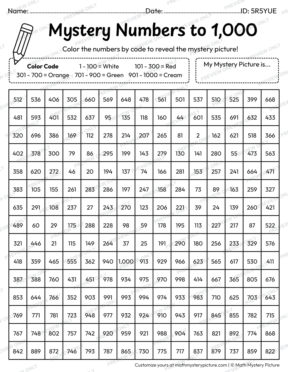 Fall Mushroom Numbers to 1,000 Math Mystery Picture Coloring Worksheet