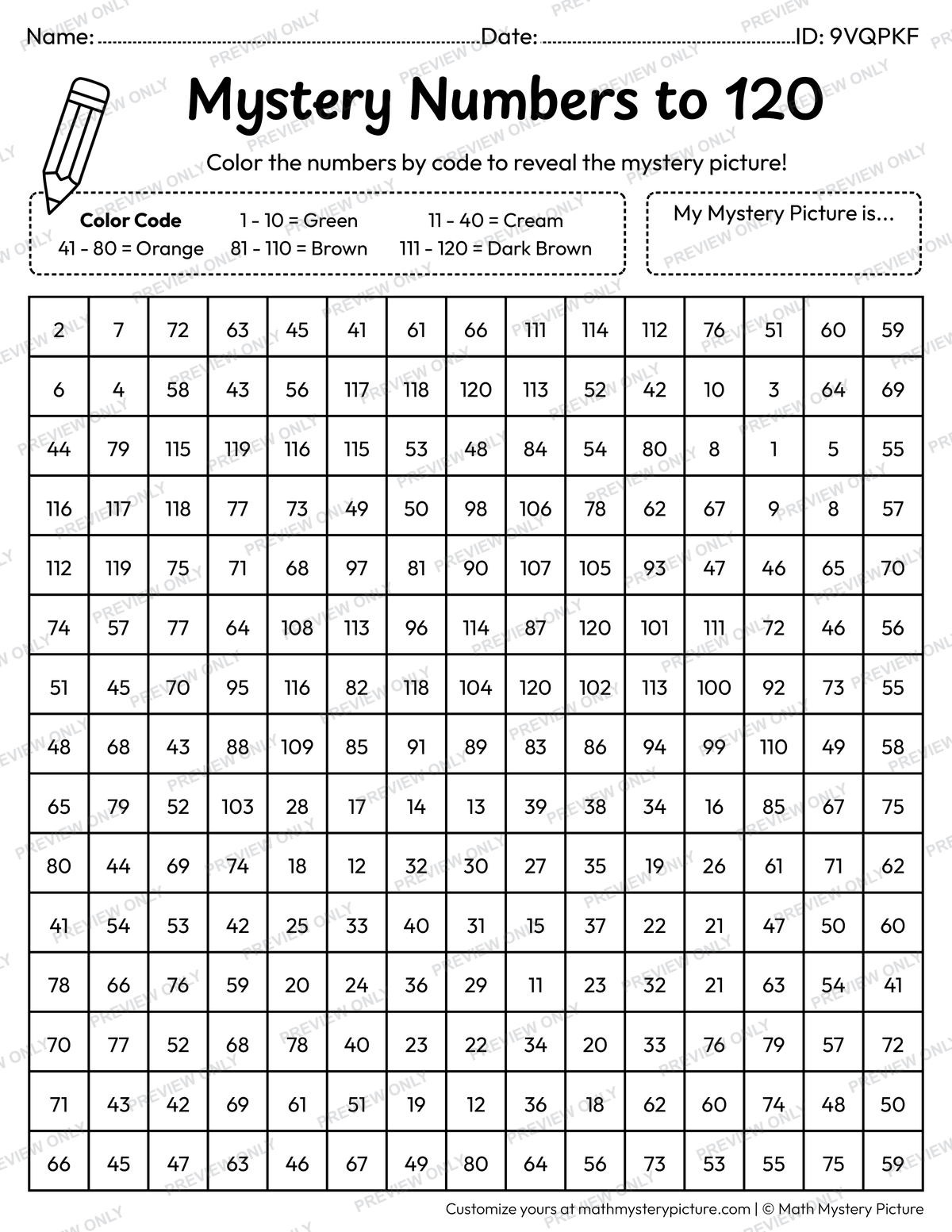 Fall Acorn Numbers to 120 Math Mystery Picture Coloring Worksheet