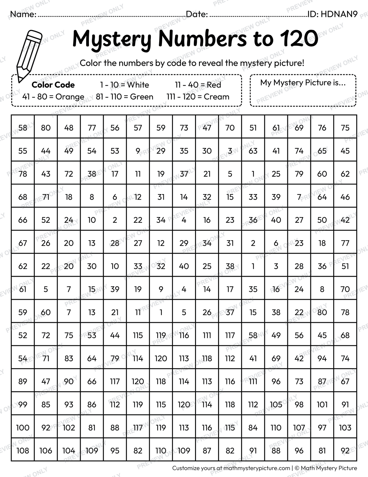 Fall Mushroom Numbers to 120 Math Mystery Picture Coloring Worksheet