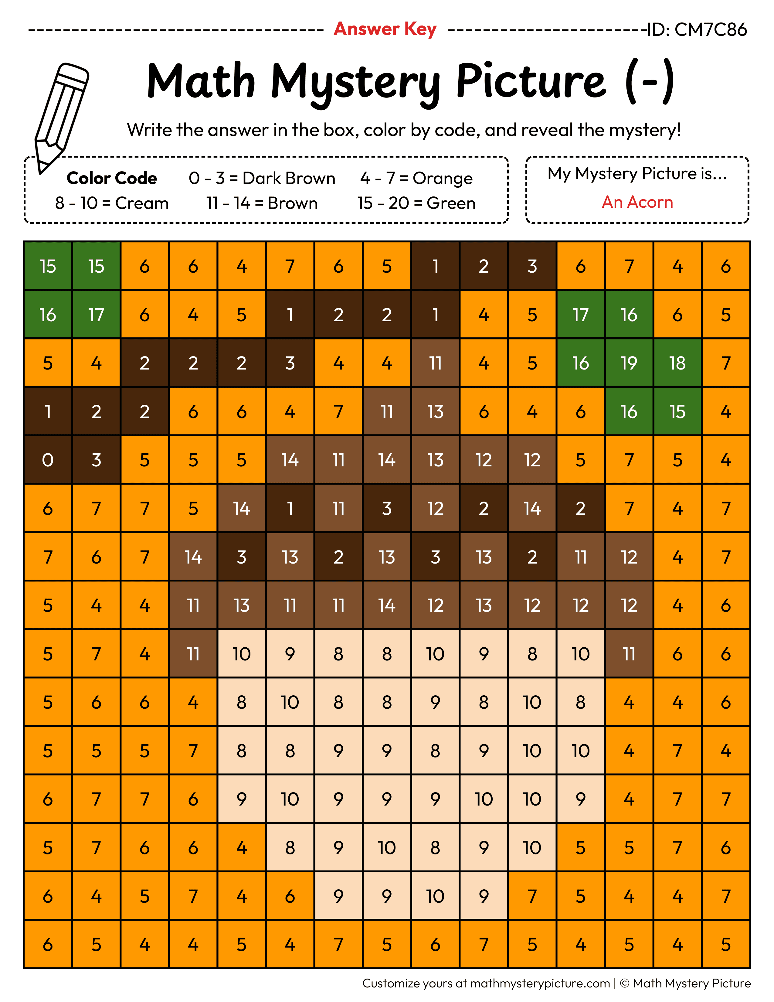 Fall Acorn Subtraction Within 20 Math Mystery Picture Color by Number Answer Key