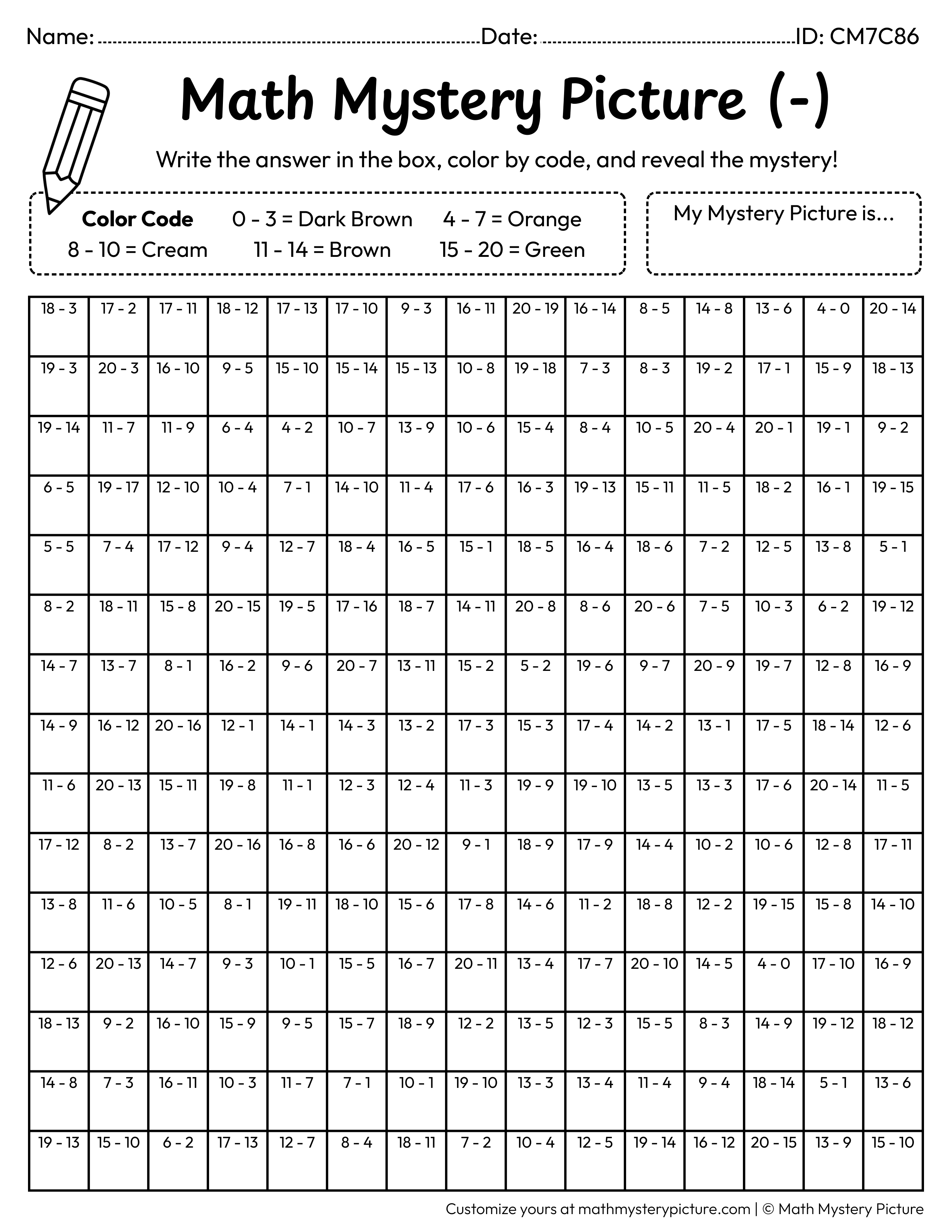 Fall Acorn Subtraction Within 20 Math Mystery Picture Coloring Worksheet