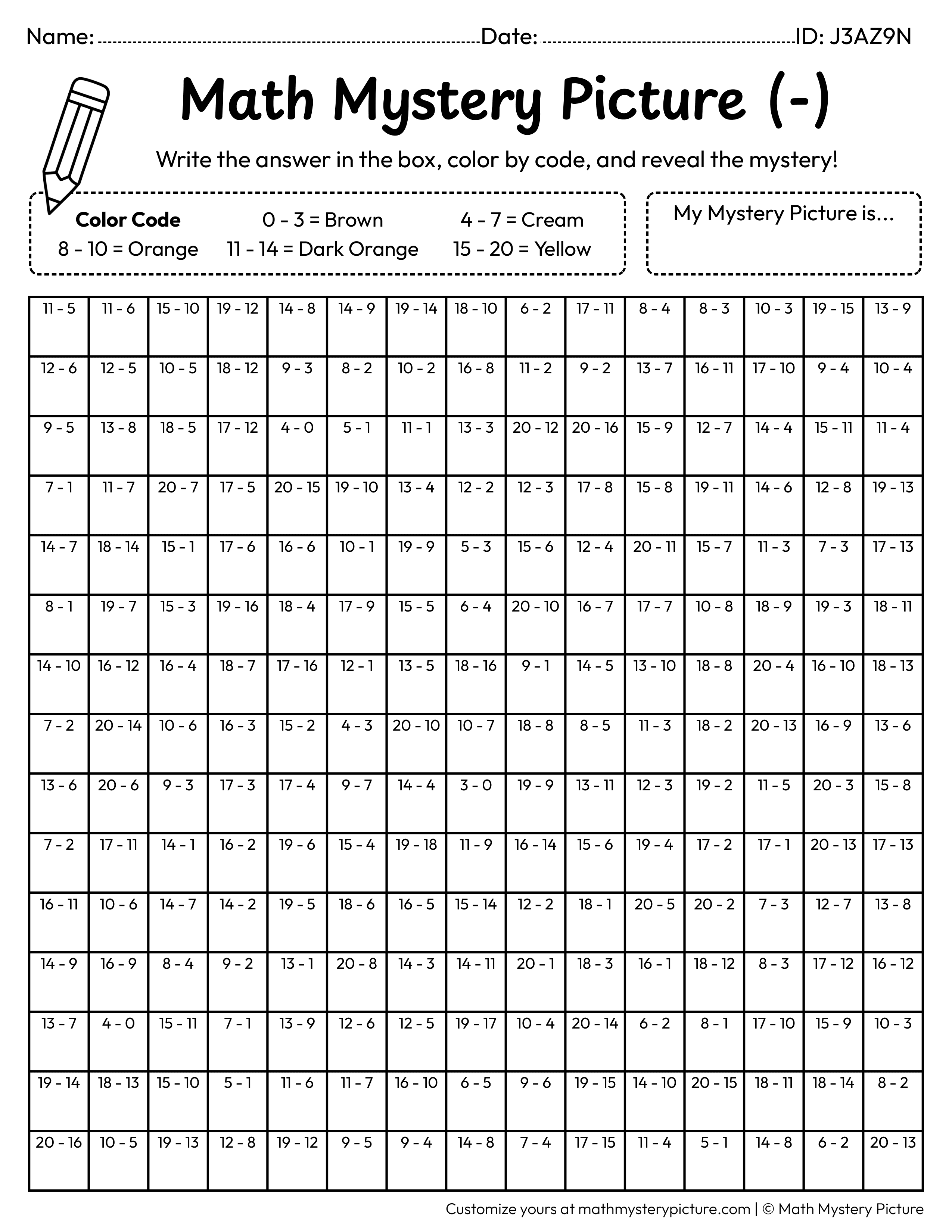 Fall Maple Leaf Subtraction Within 20 Math Mystery Picture Coloring Worksheet