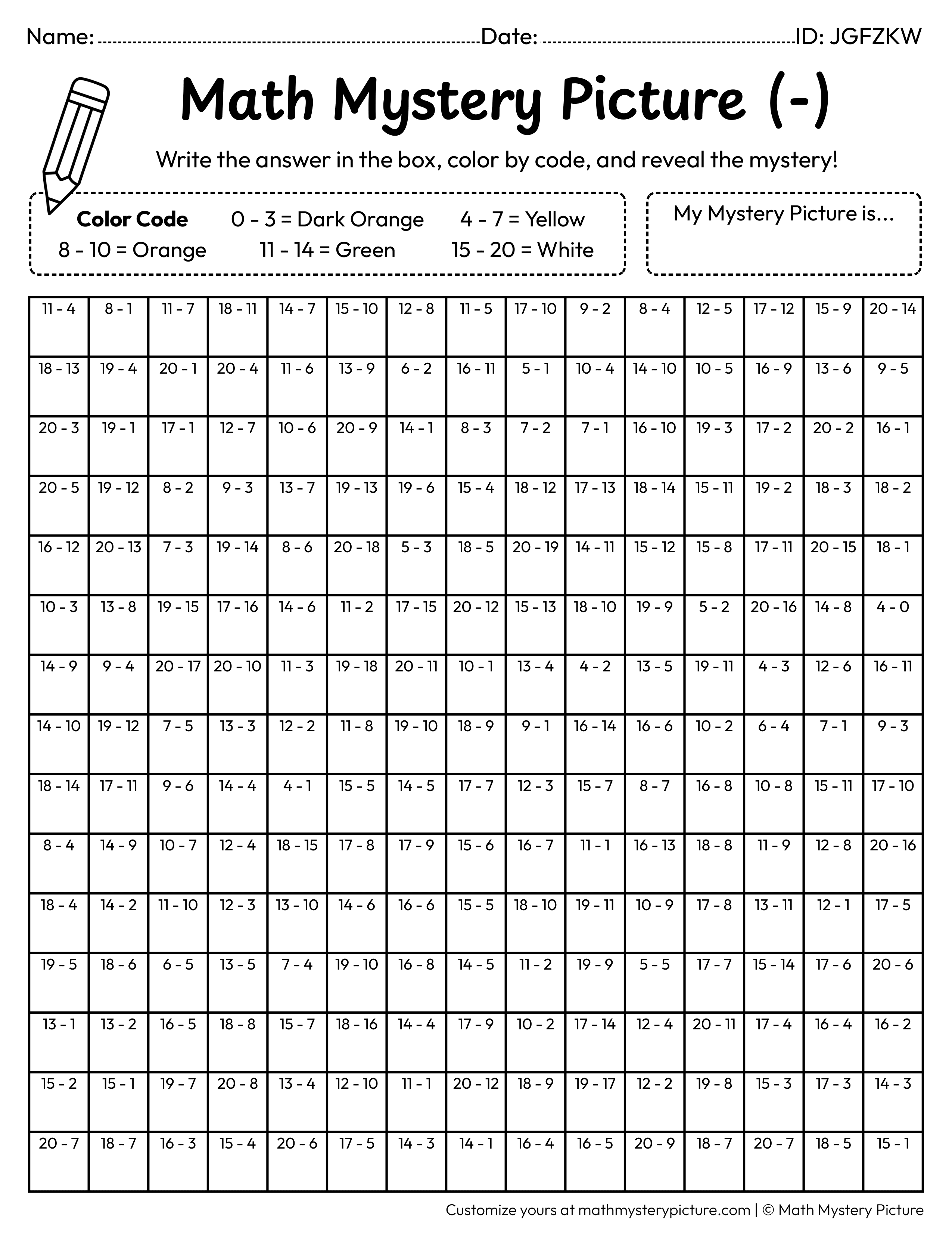 Fall Pumpkin Subtraction Within 20 Math Mystery Picture Coloring Worksheet