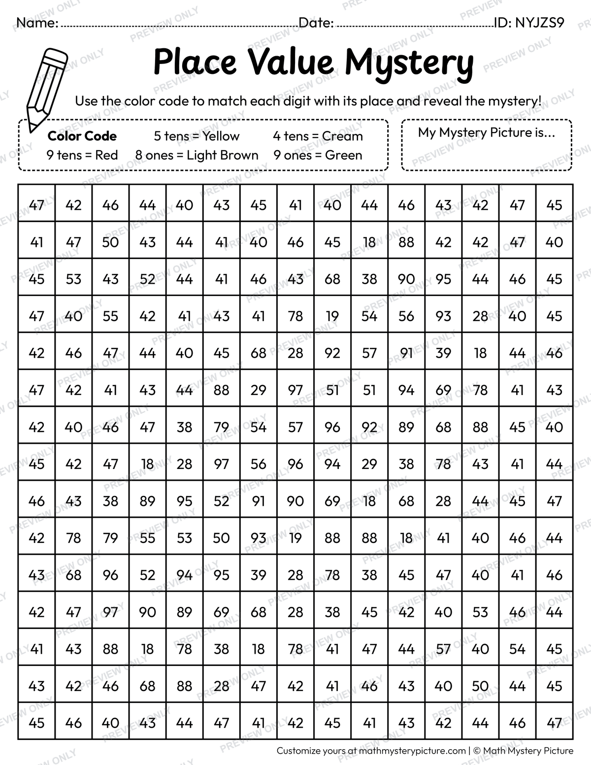 Hot Dog 2-digit Place Value Math Mystery Picture Coloring Worksheet