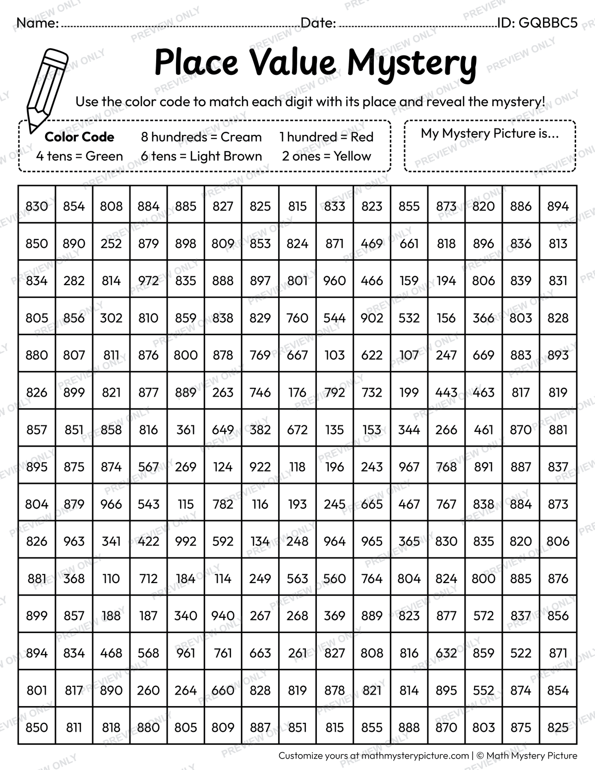 Hot Dog 3-digit Place Value Math Mystery Picture Coloring Worksheet
