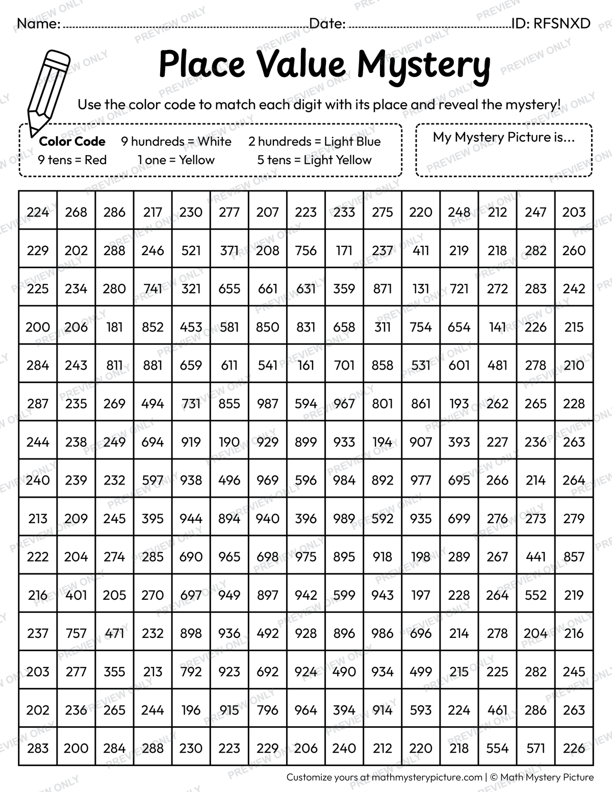 Popcorn 3-digit Place Value Math Mystery Picture Coloring Worksheet