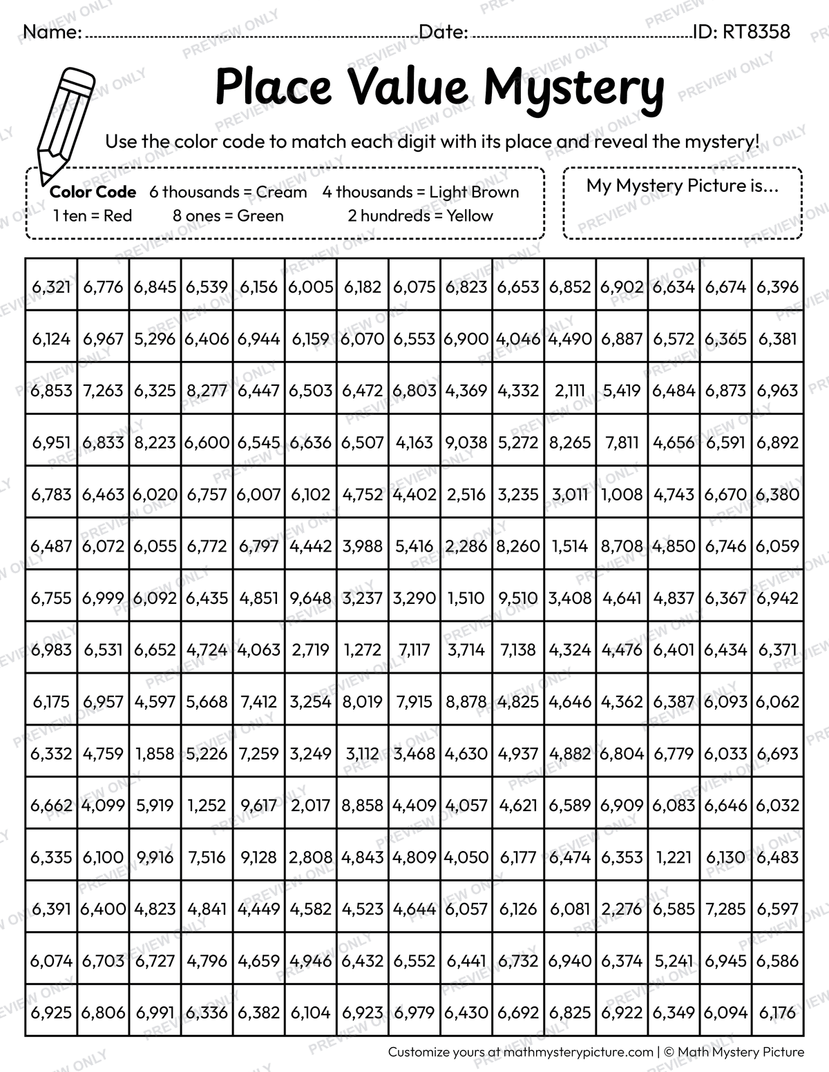 Hot Dog 4-digit Place Value Math Mystery Picture Coloring Worksheet