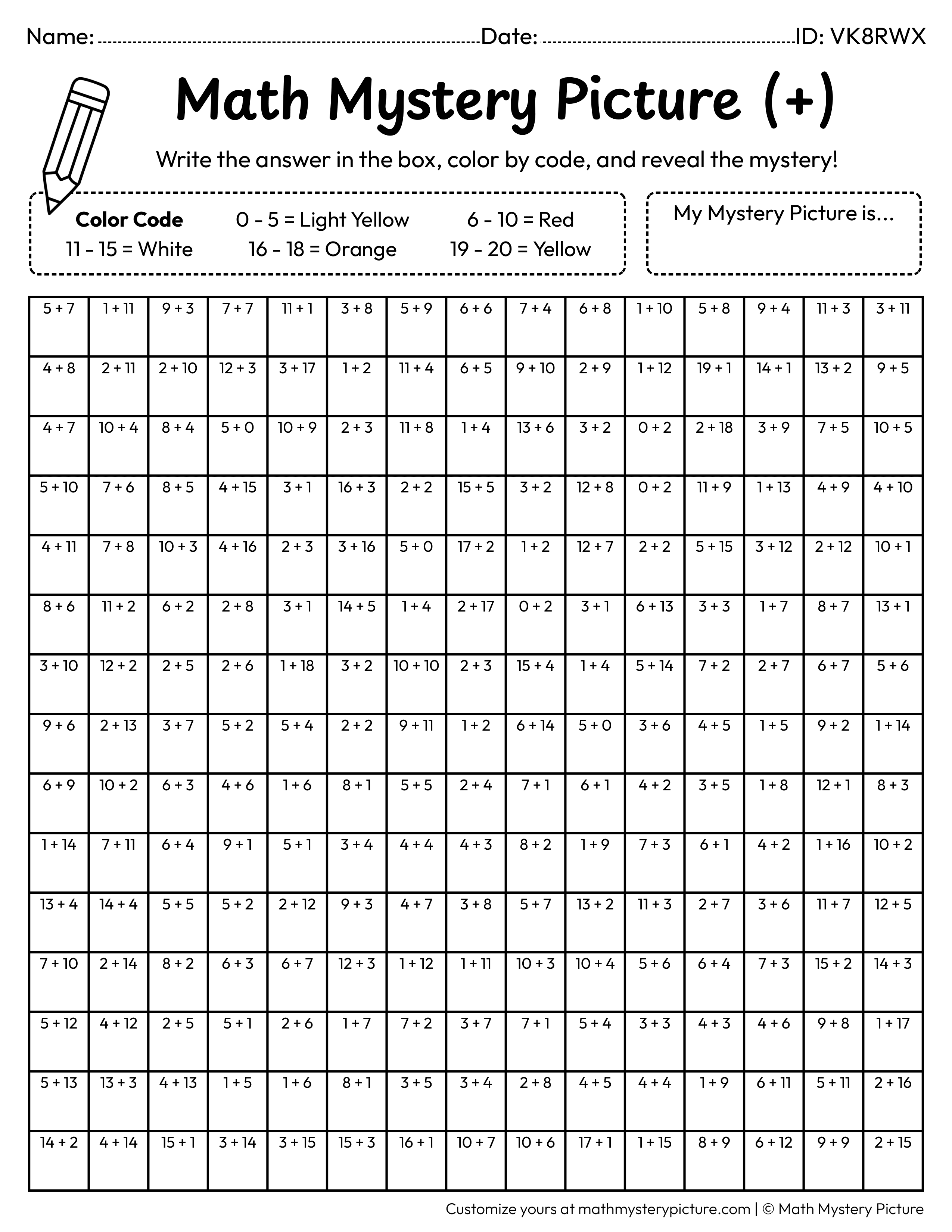 French Fries Addition Within 20 Math Mystery Picture Coloring Worksheet