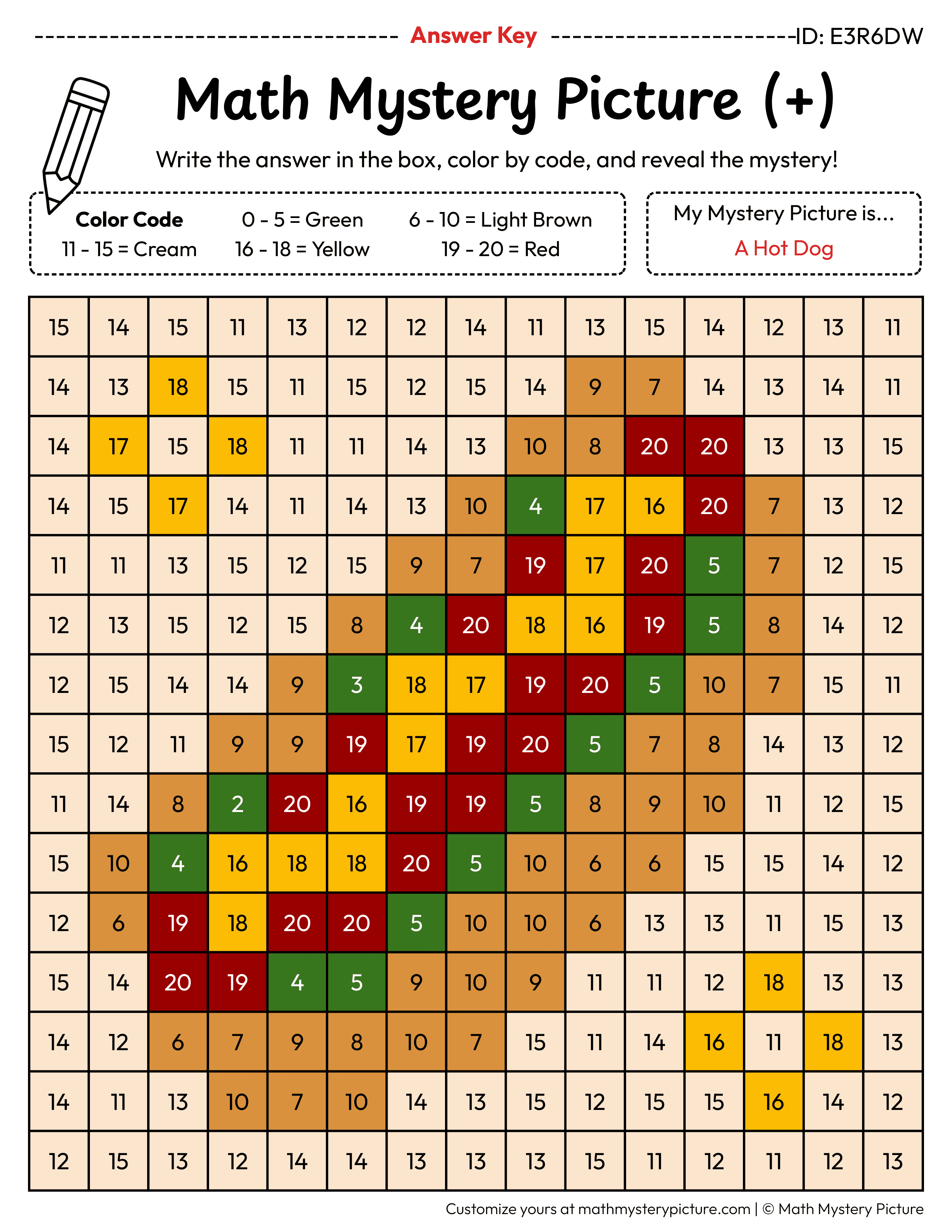 Hot Dog Addition Within 20 Math Mystery Picture Color by Number Answer Key