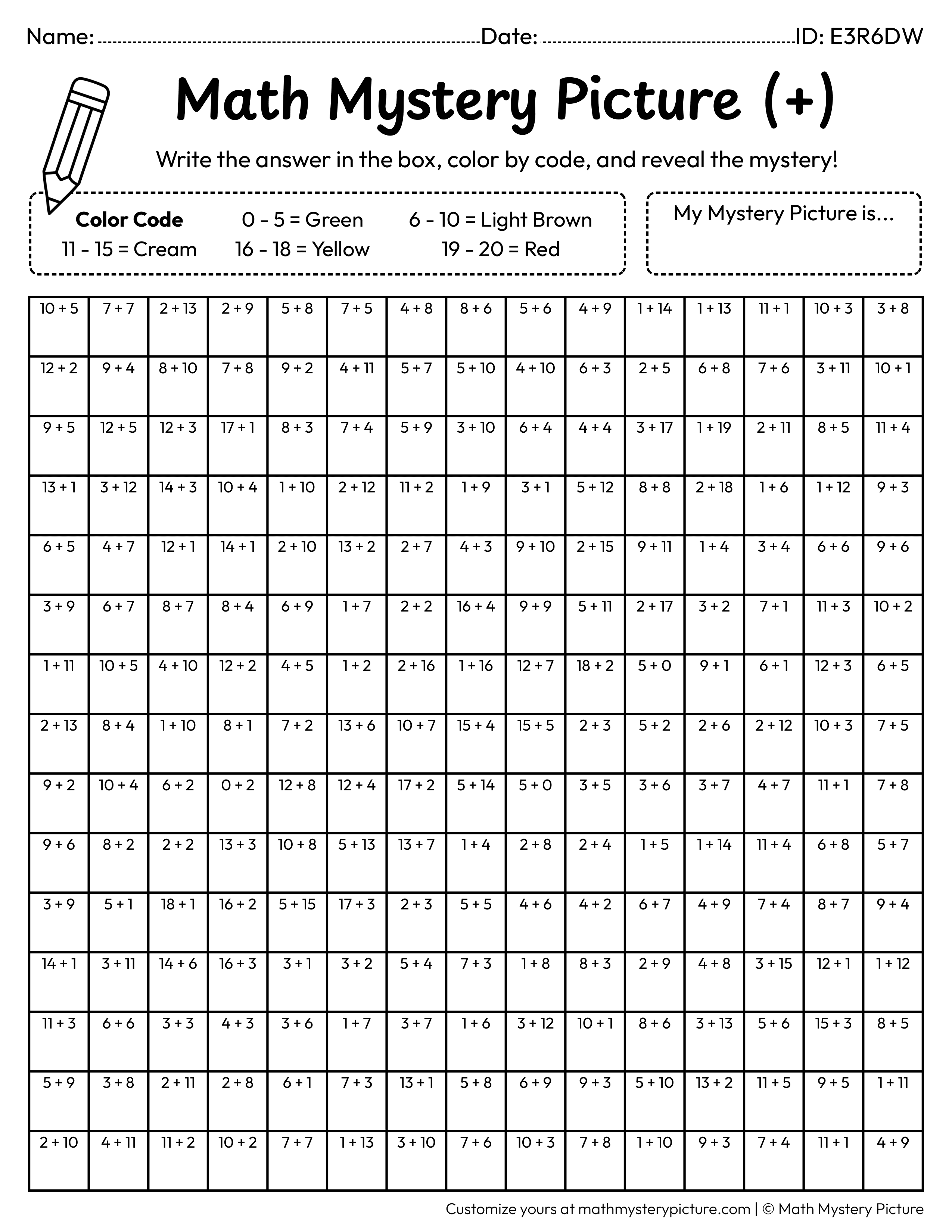 Hot Dog Addition Within 20 Math Mystery Picture Coloring Worksheet