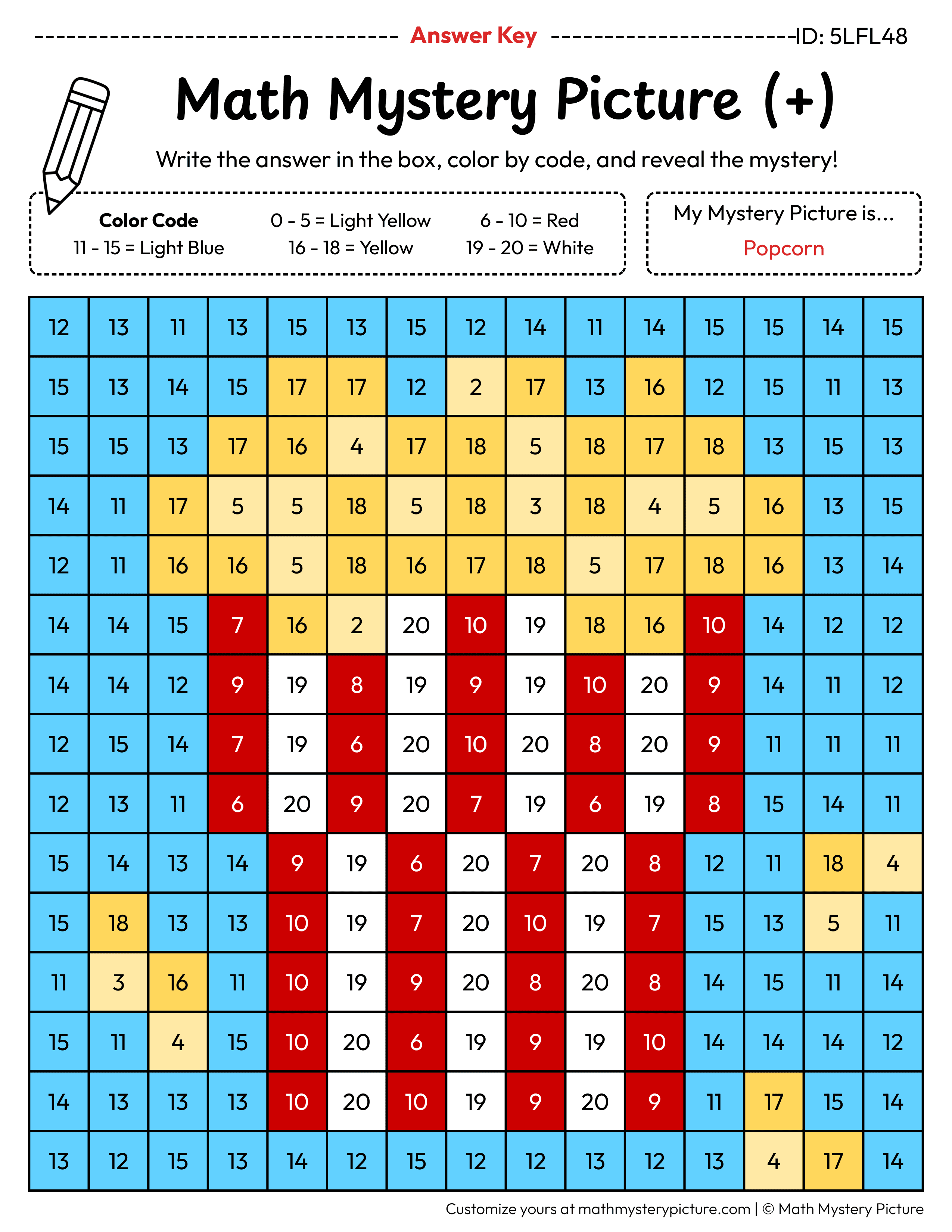 Popcorn Addition Within 20 Math Mystery Picture Color by Number Answer Key