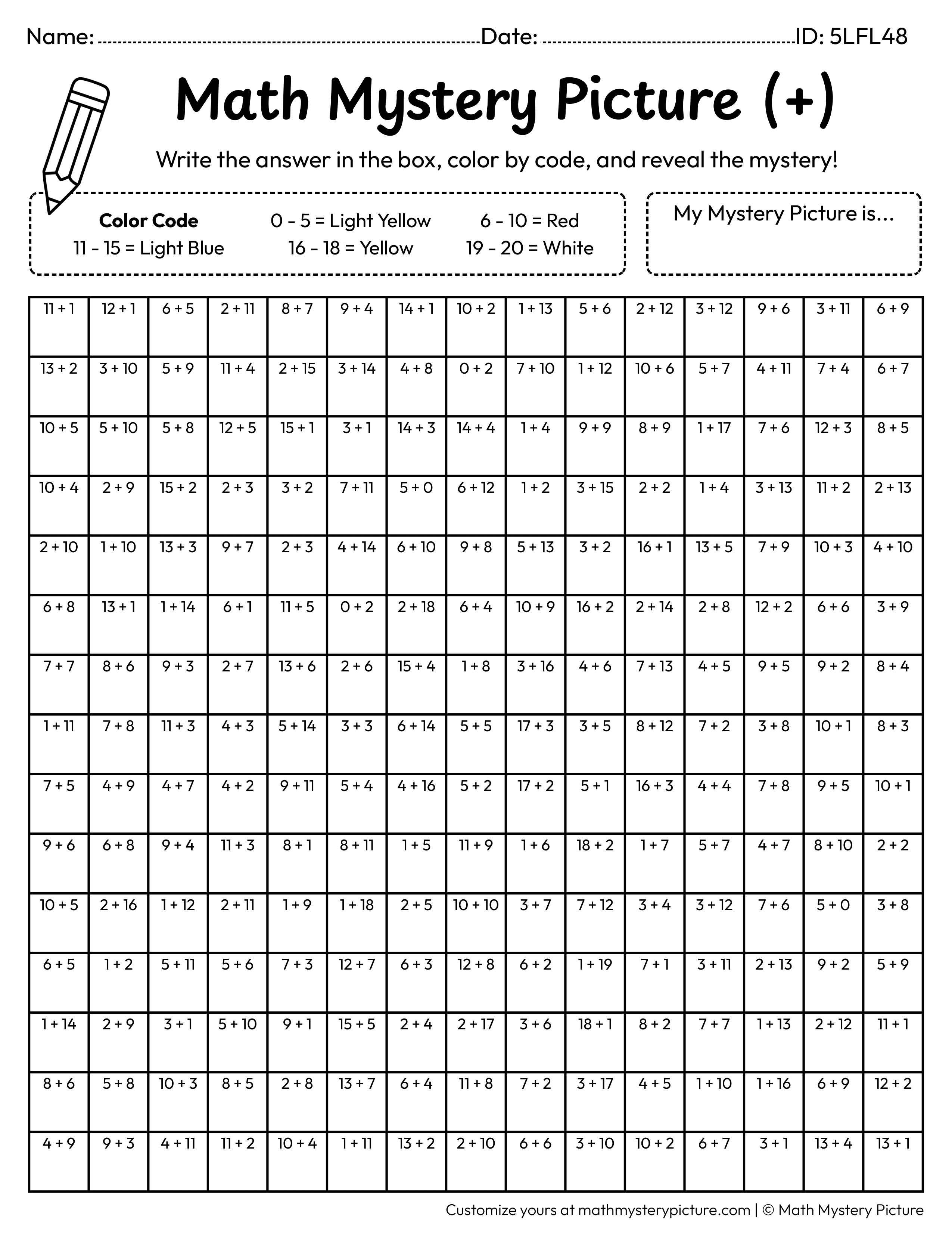 Popcorn Addition Within 20 Math Mystery Picture Coloring Worksheet