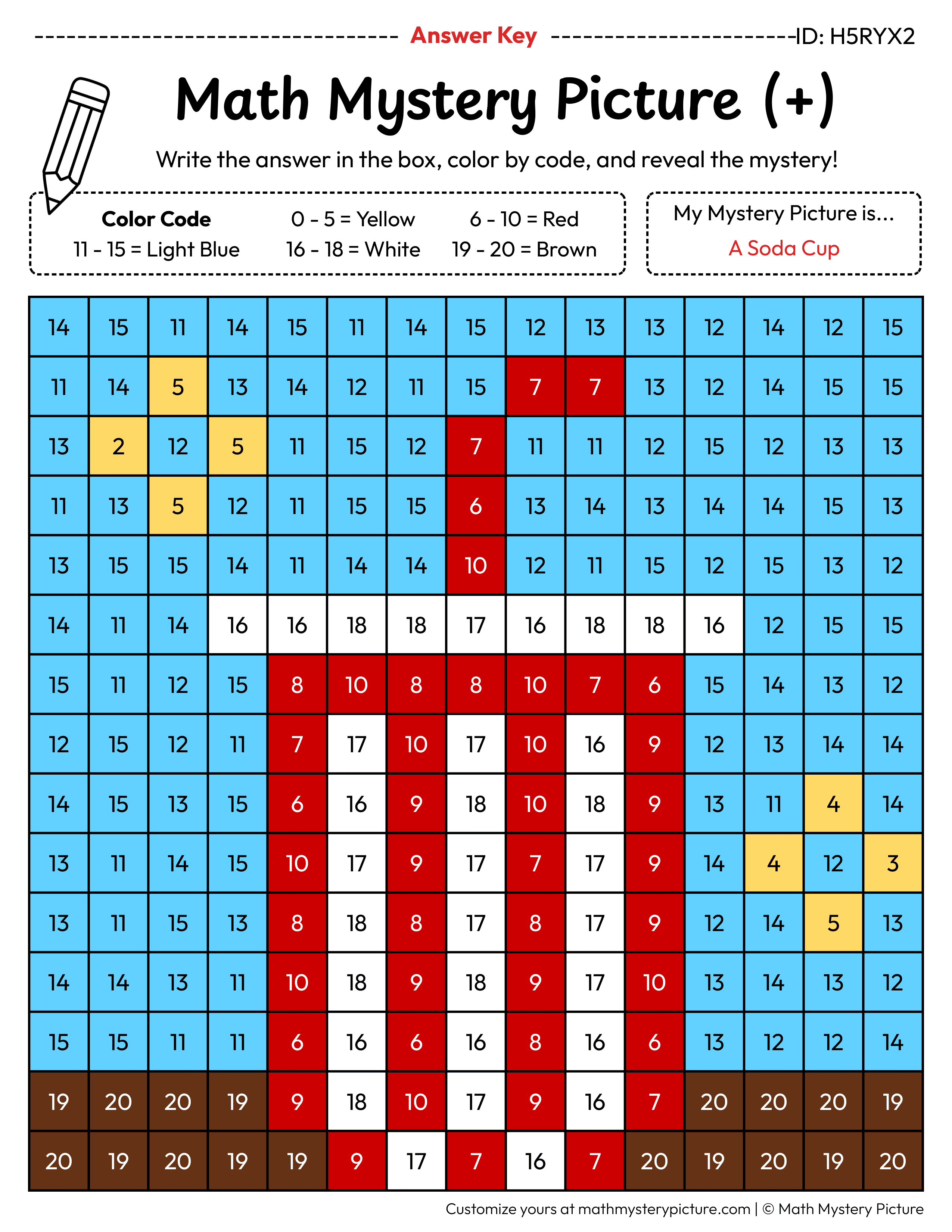 Soda Cup Addition Within 20 Math Mystery Picture Color by Number Answer Key