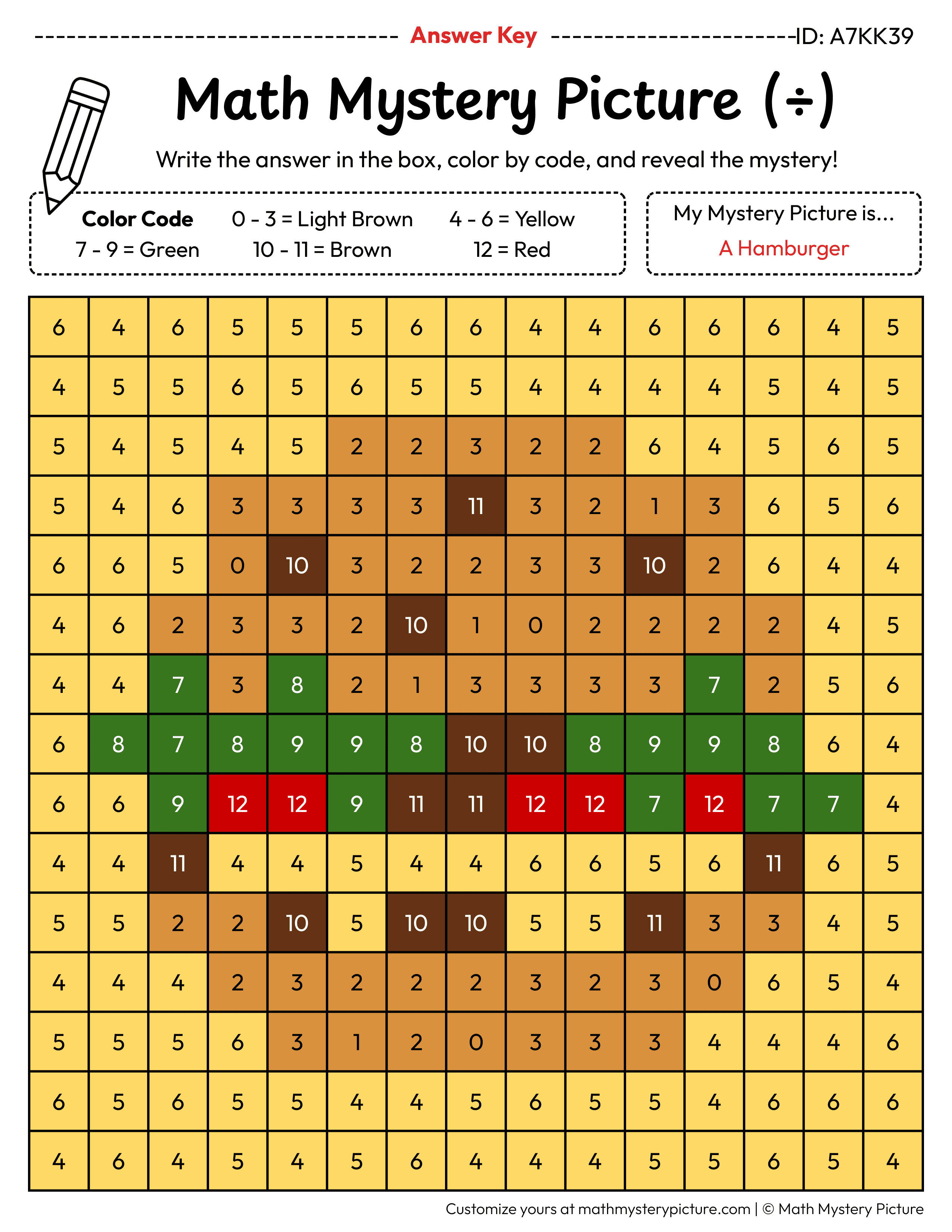 Hamburger Division Facts Math Mystery Picture Color by Number Answer Key