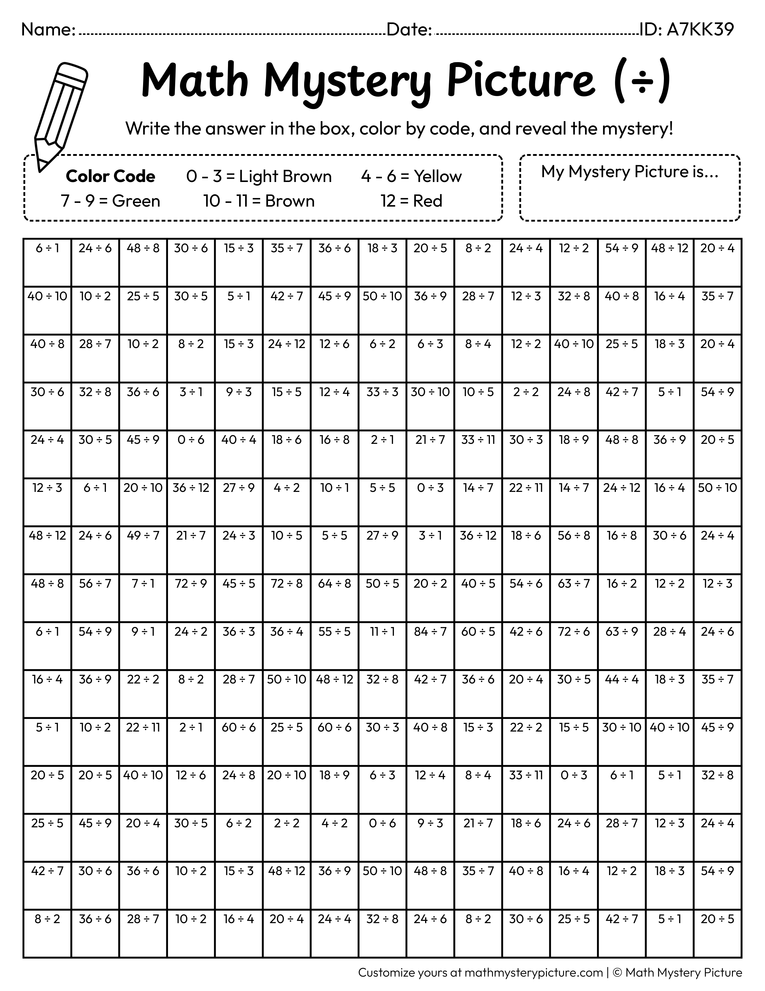 Hamburger Division Facts Math Mystery Picture Coloring Worksheet