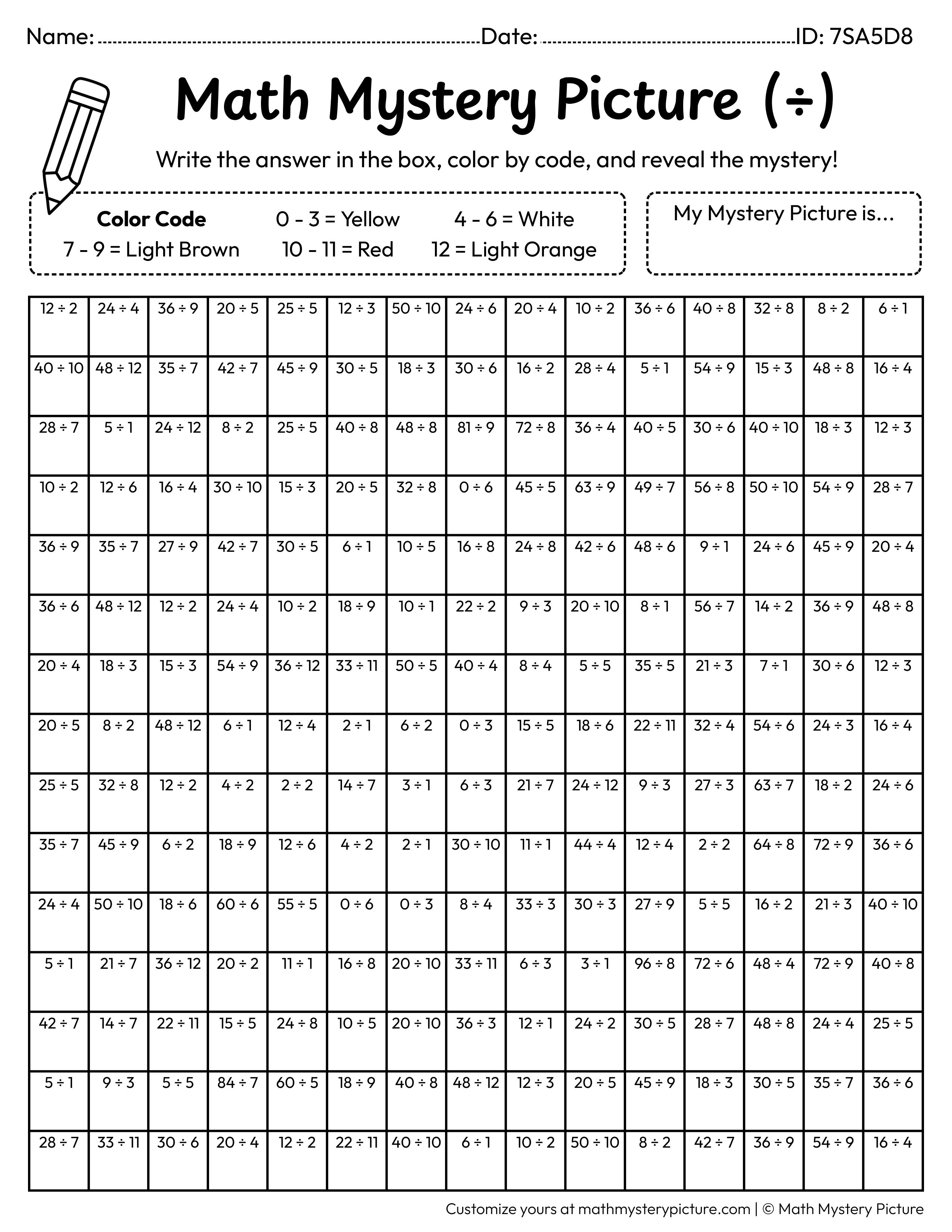 Pizza Division Facts Math Mystery Picture Coloring Worksheet