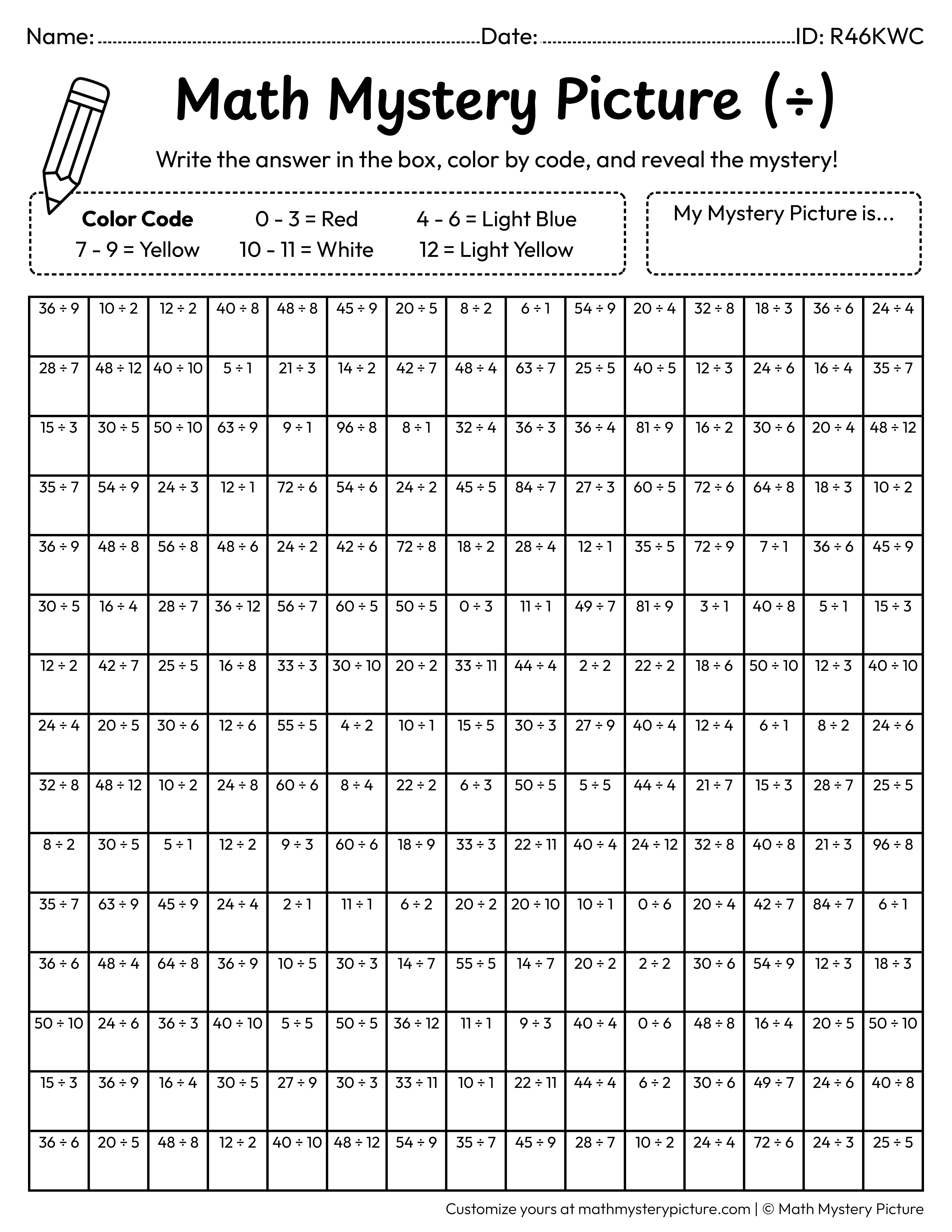 Popcorn Division Facts Math Mystery Picture Coloring Worksheet