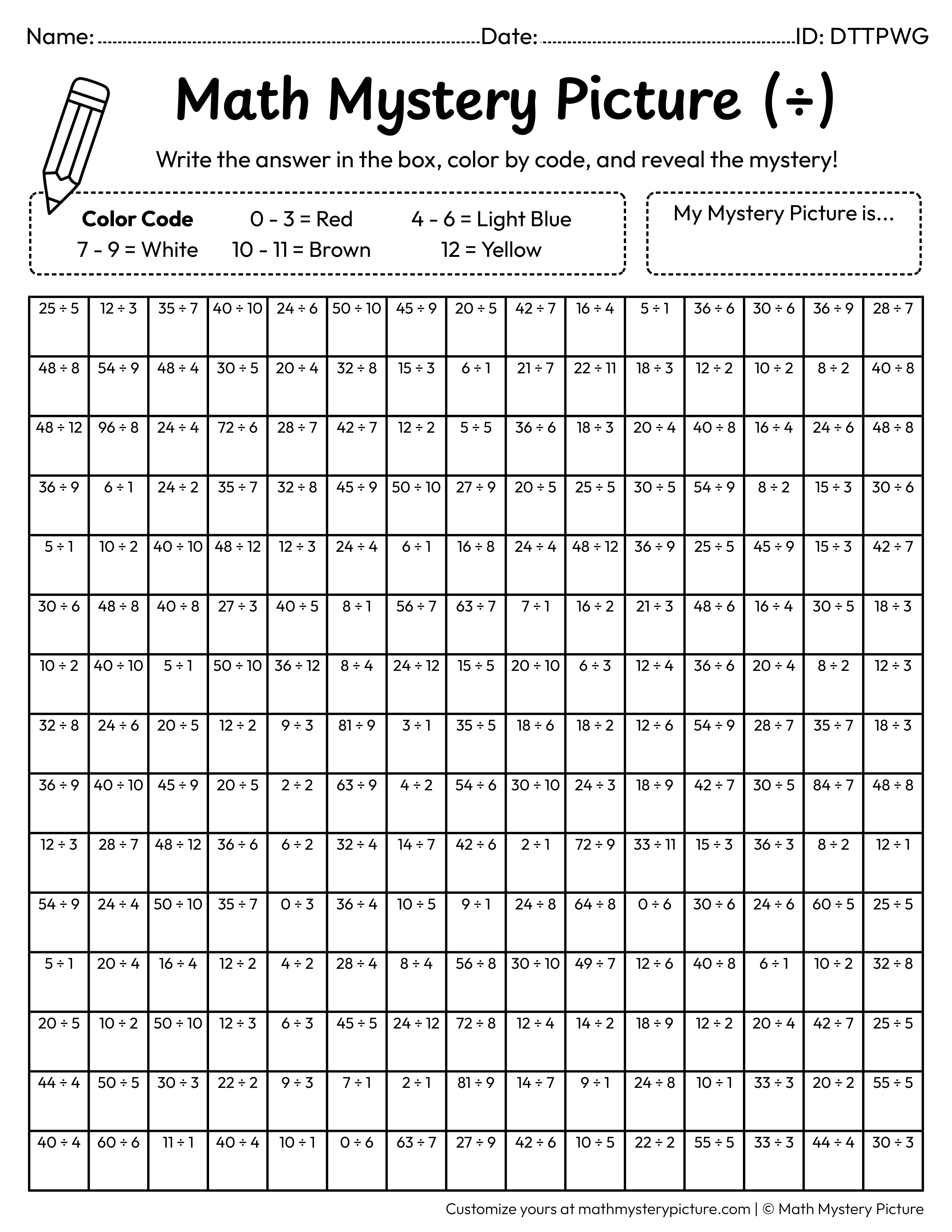 Soda Cup Division Facts Math Mystery Picture Coloring Worksheet