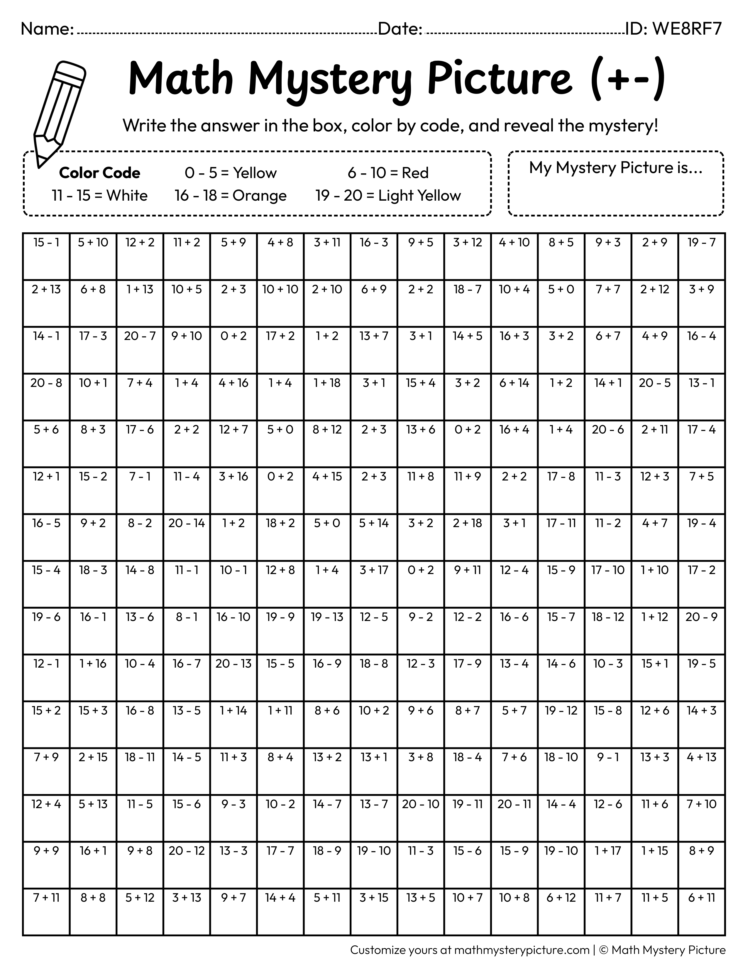 French Fries Mixed Addition and Subtraction Within 20 Math Mystery Picture Coloring Worksheet
