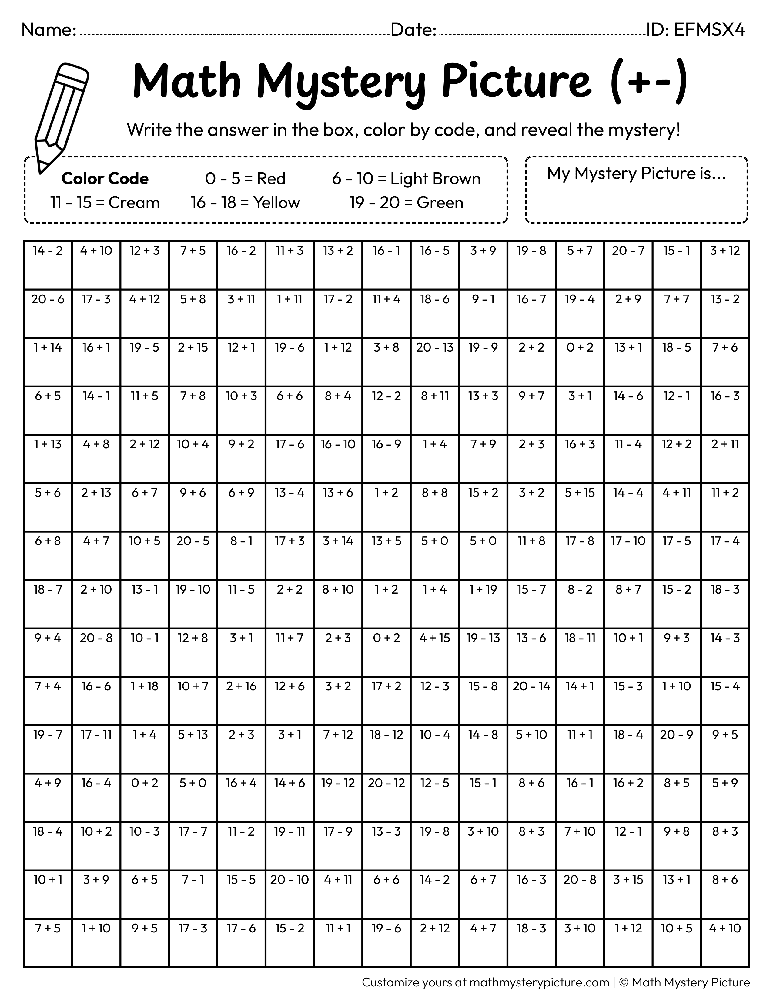 Hot Dog Mixed Addition and Subtraction Within 20 Math Mystery Picture Coloring Worksheet