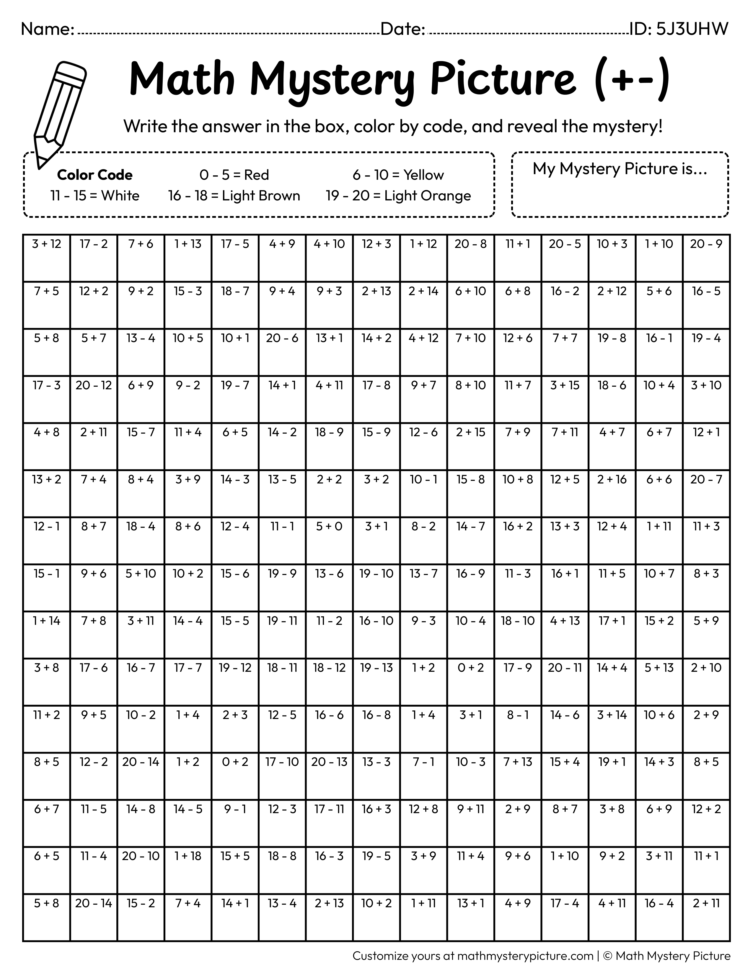 Pizza Mixed Addition and Subtraction Within 20 Math Mystery Picture Coloring Worksheet