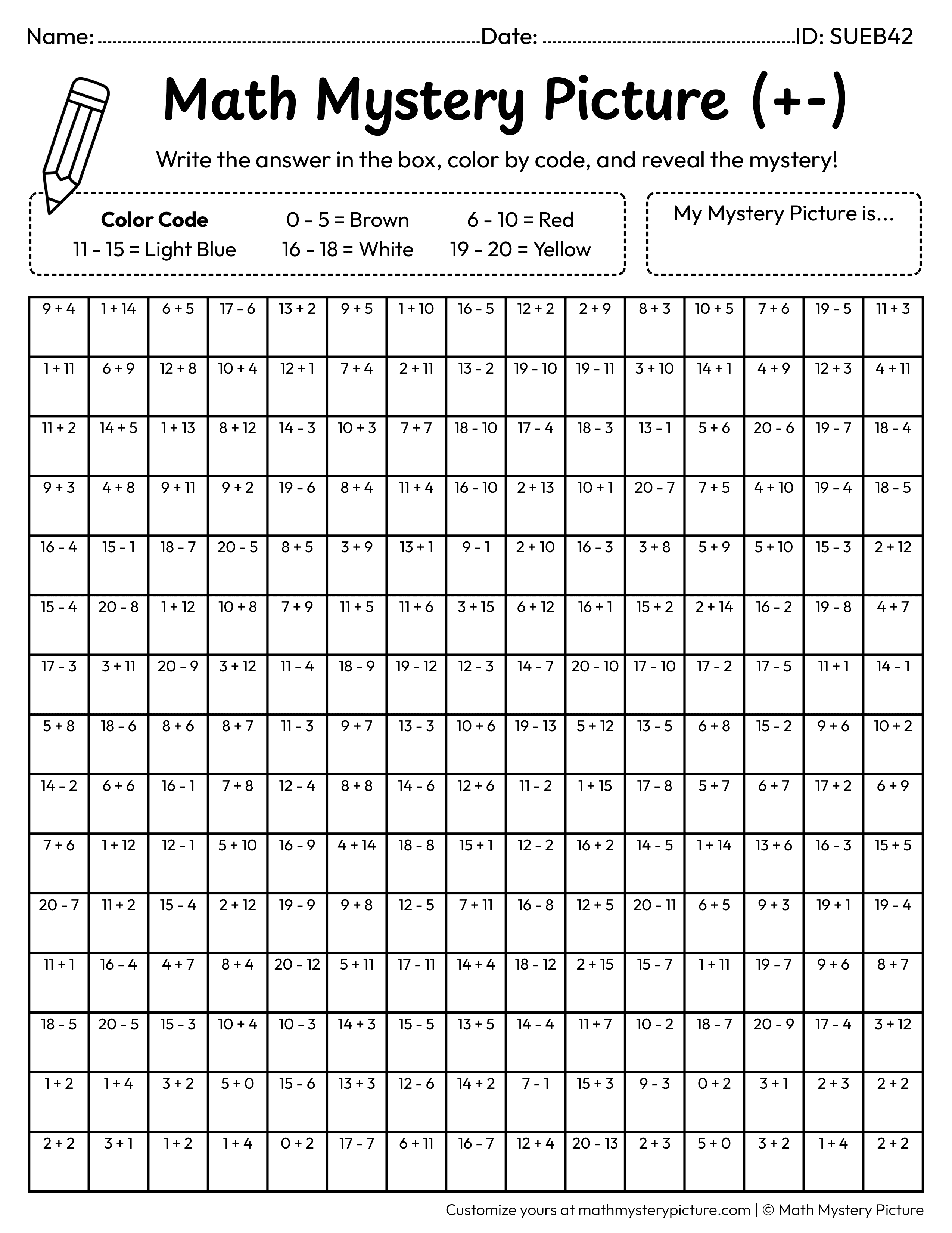 Soda Cup Mixed Addition and Subtraction Within 20 Math Mystery Picture Coloring Worksheet