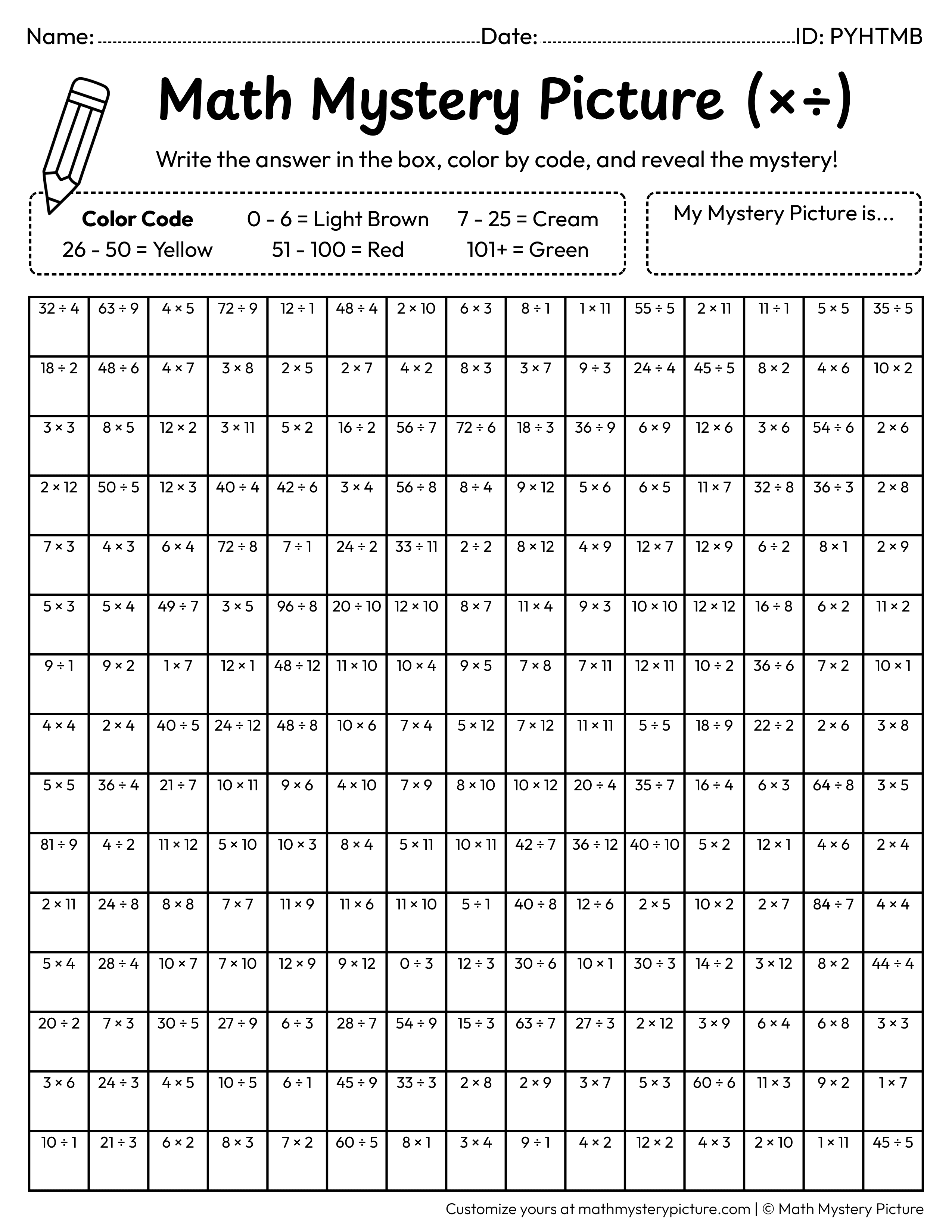 Hot Dog Mixed Multiplication and Division Facts Math Mystery Picture Coloring Worksheet