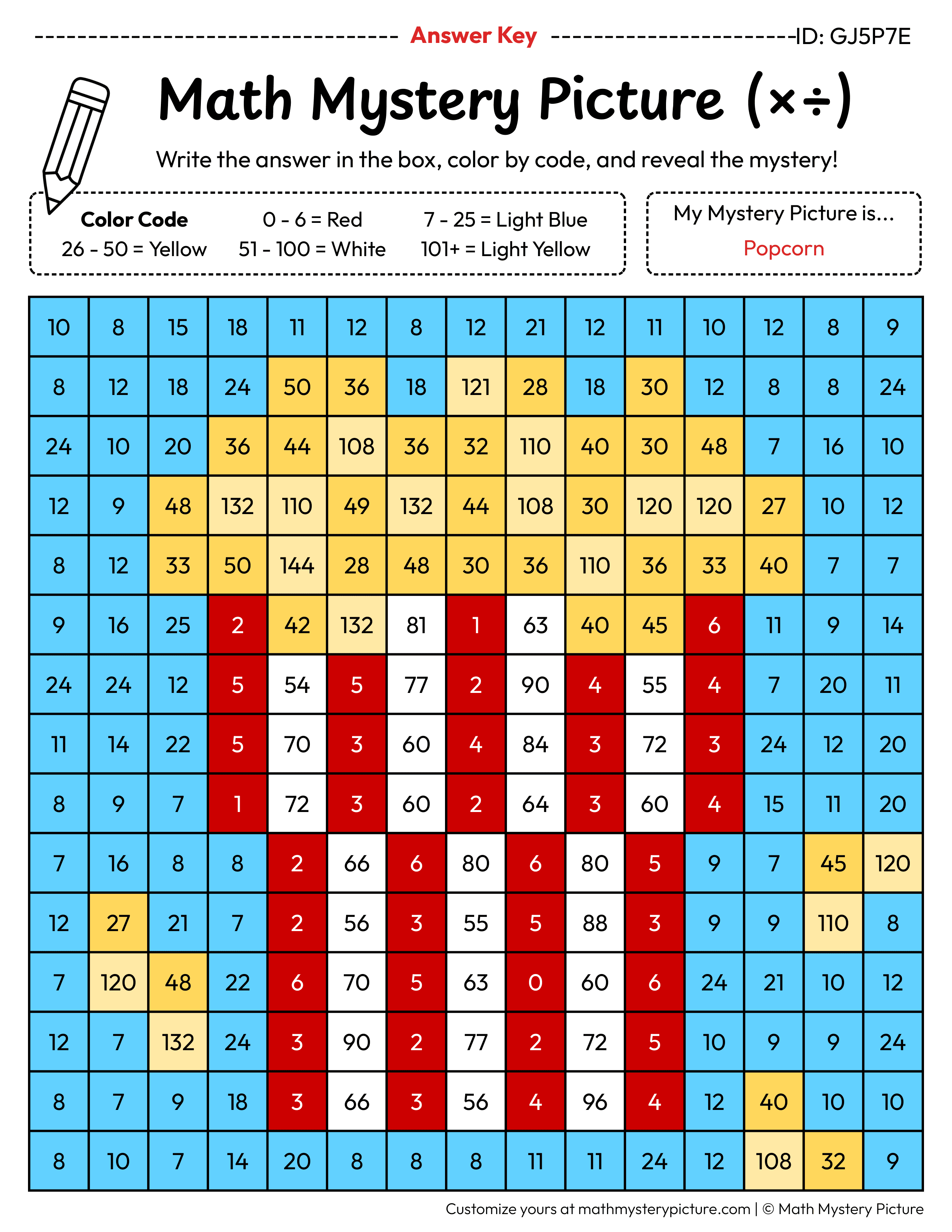 Popcorn Mixed Multiplication and Division Facts Math Mystery Picture Color by Number Answer Key