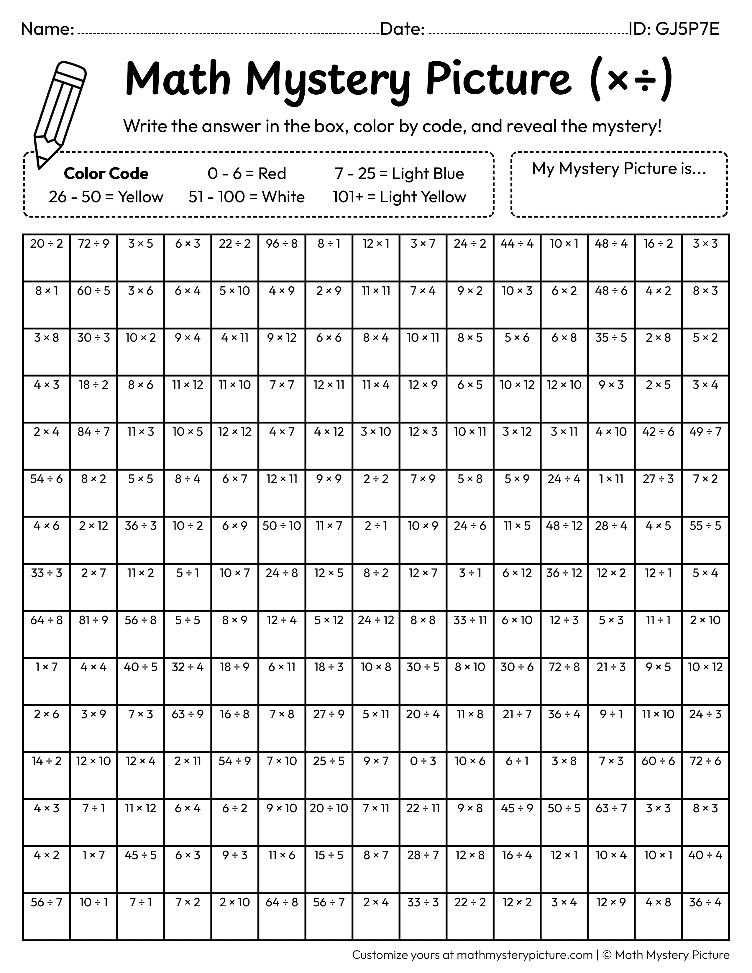 Popcorn Mixed Multiplication and Division Facts Math Mystery Picture Coloring Worksheet