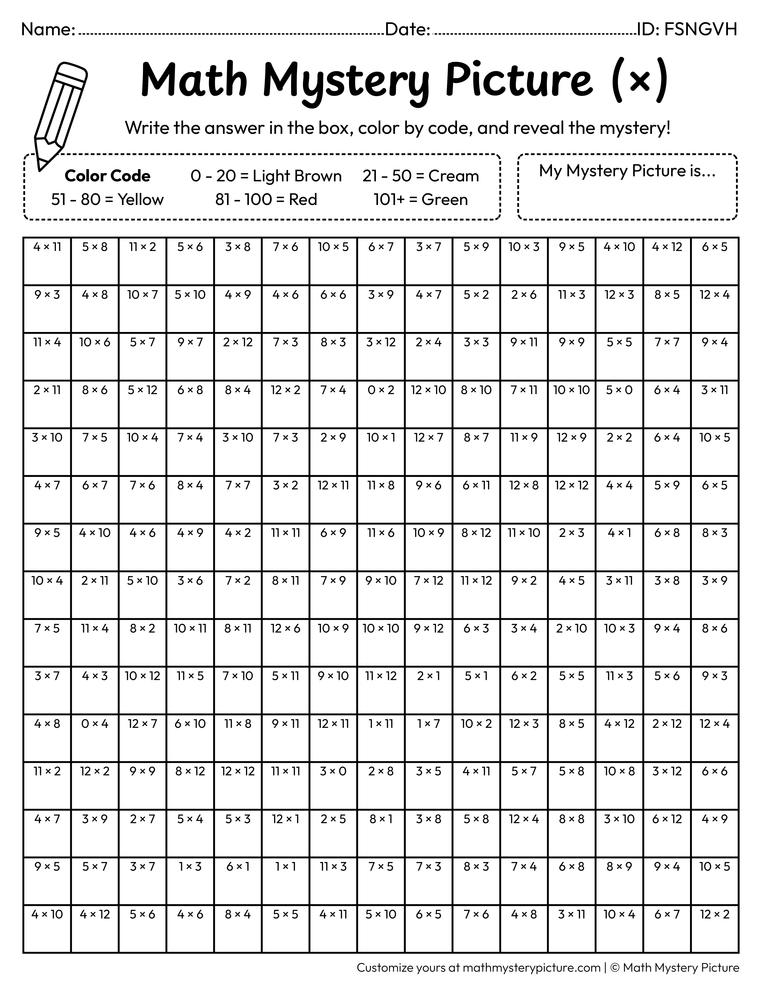 Hot Dog Multiplication Facts Math Mystery Picture Coloring Worksheet