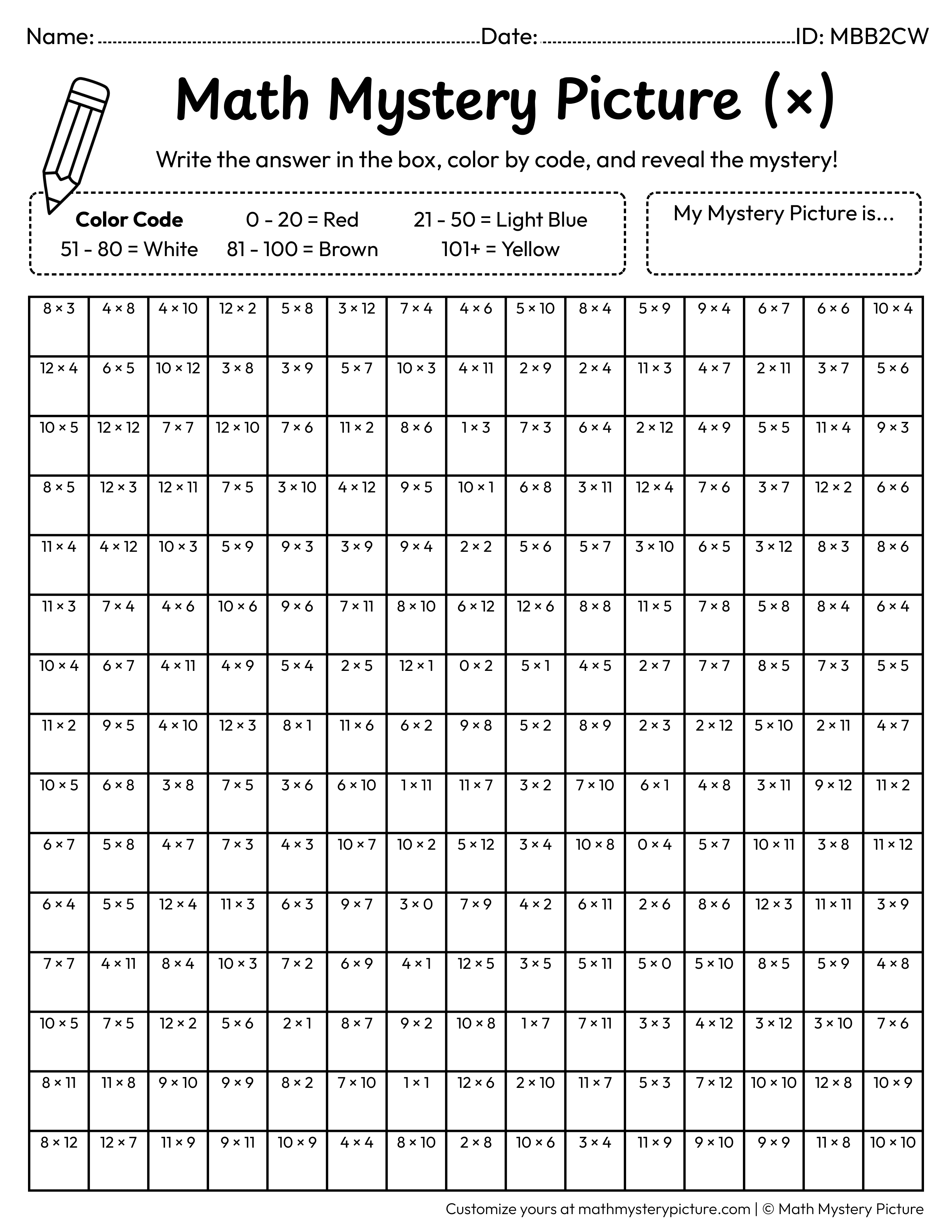 Soda Cup Multiplication Facts Math Mystery Picture Coloring Worksheet