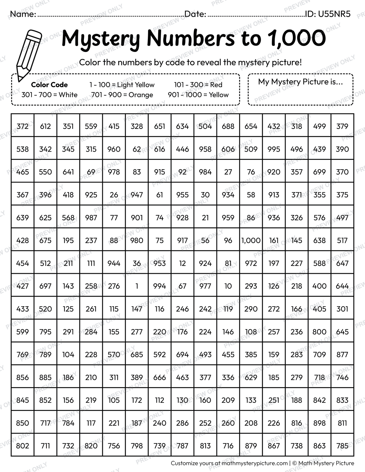 French Fries Numbers to 1,000 Math Mystery Picture Coloring Worksheet