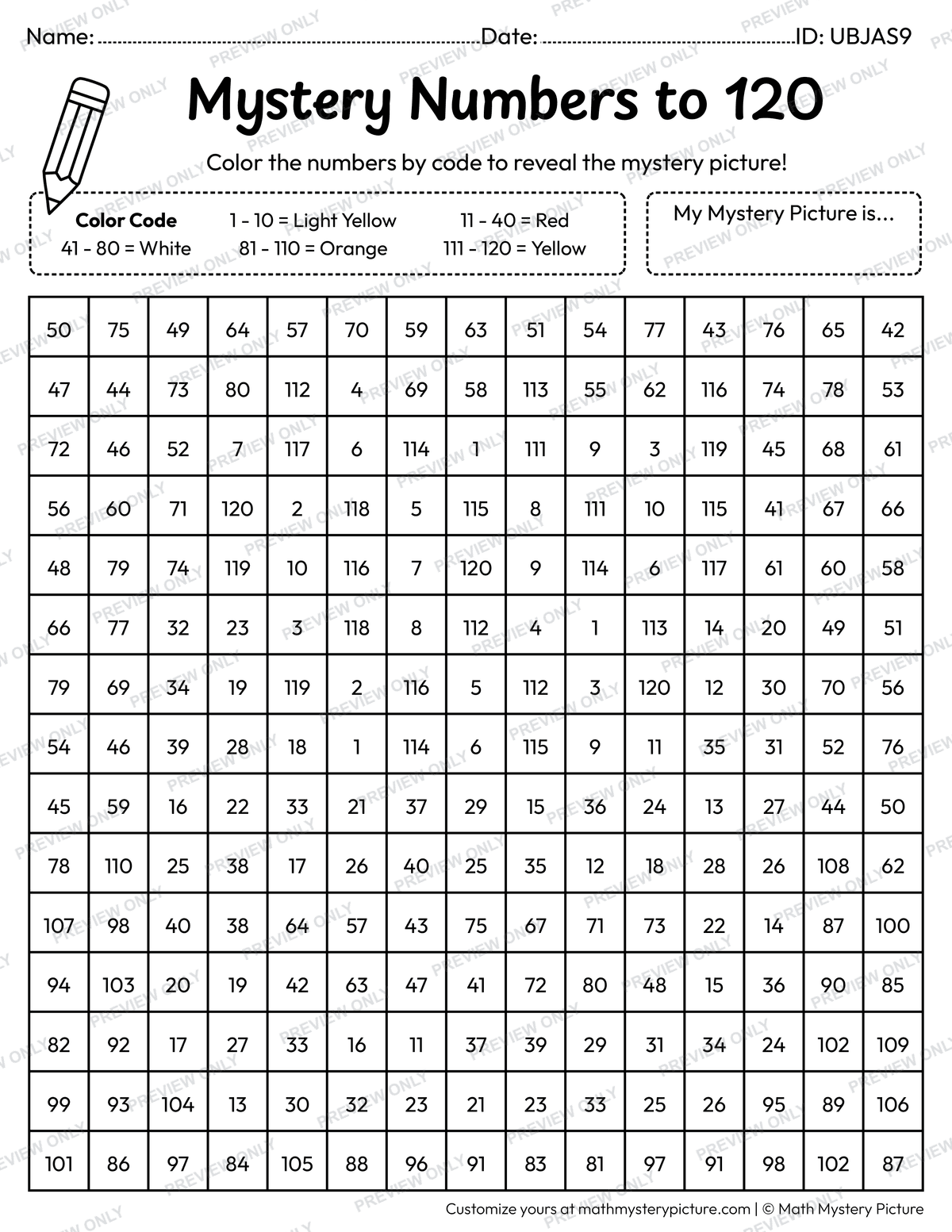 French Fries Numbers to 120 Math Mystery Picture Coloring Worksheet