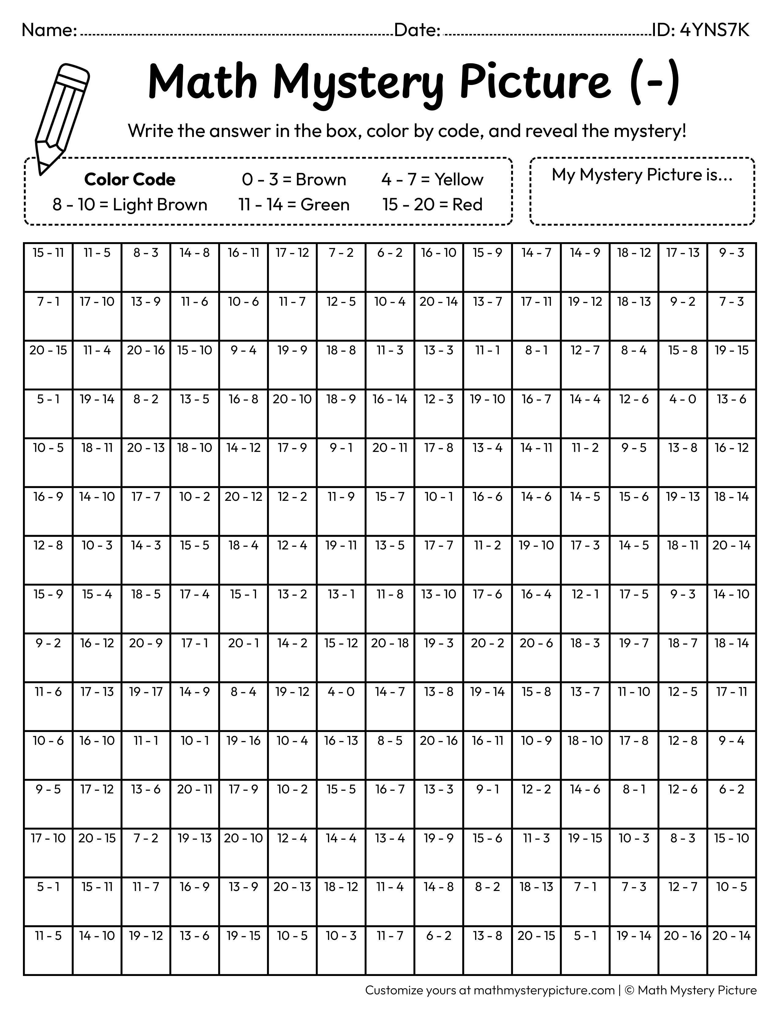 Hamburger Subtraction Within 20 Math Mystery Picture Coloring Worksheet