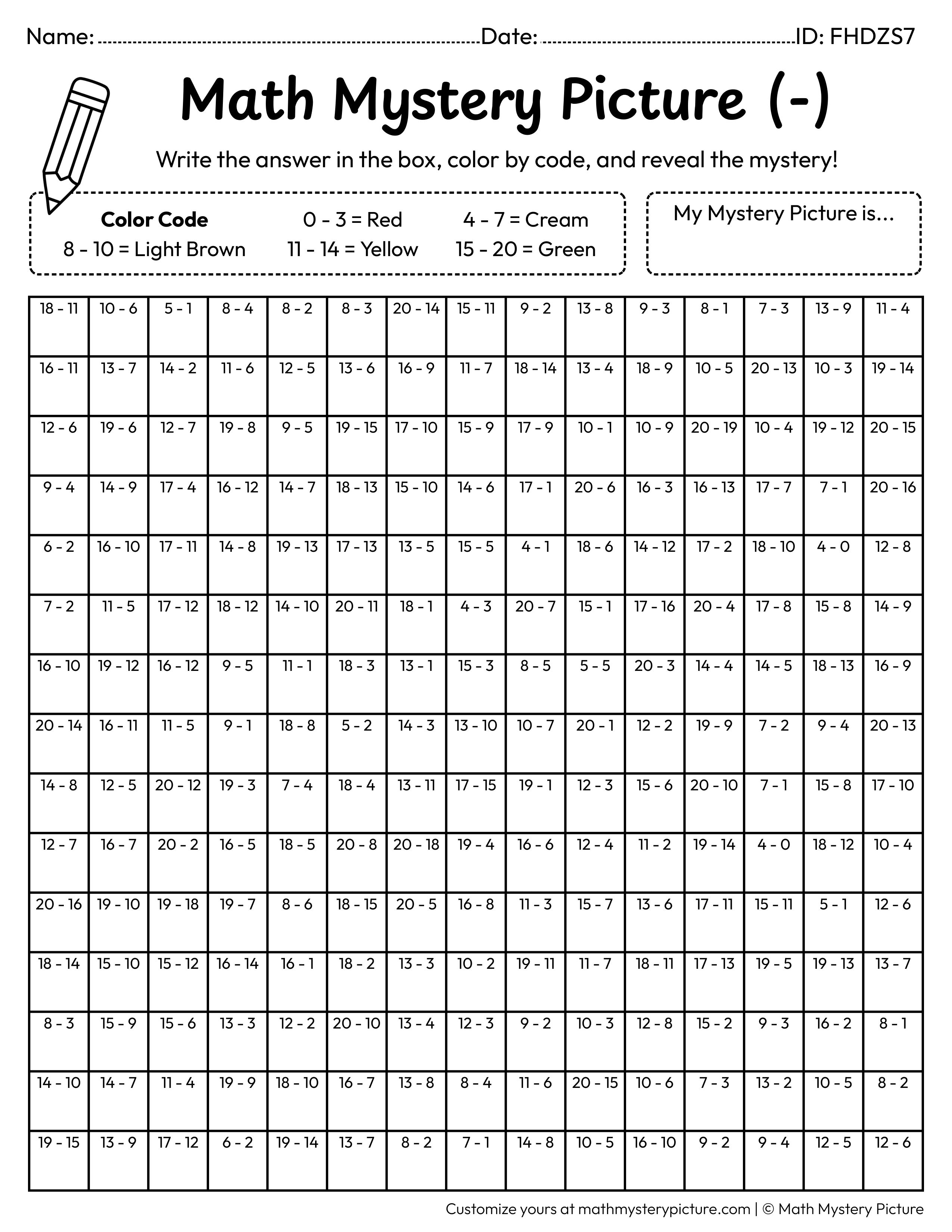 Hot Dog Subtraction Within 20 Math Mystery Picture Coloring Worksheet