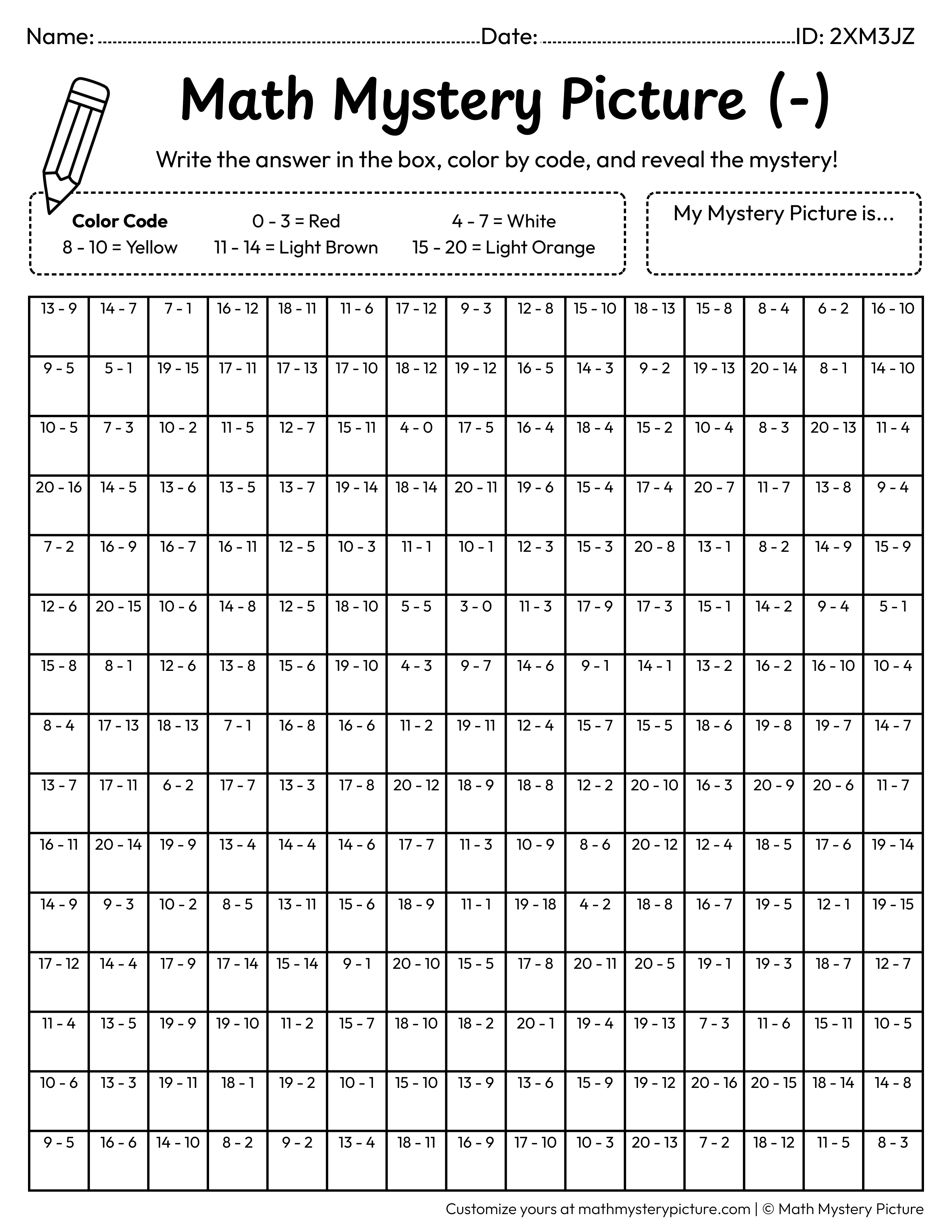 Pizza Subtraction Within 20 Math Mystery Picture Coloring Worksheet