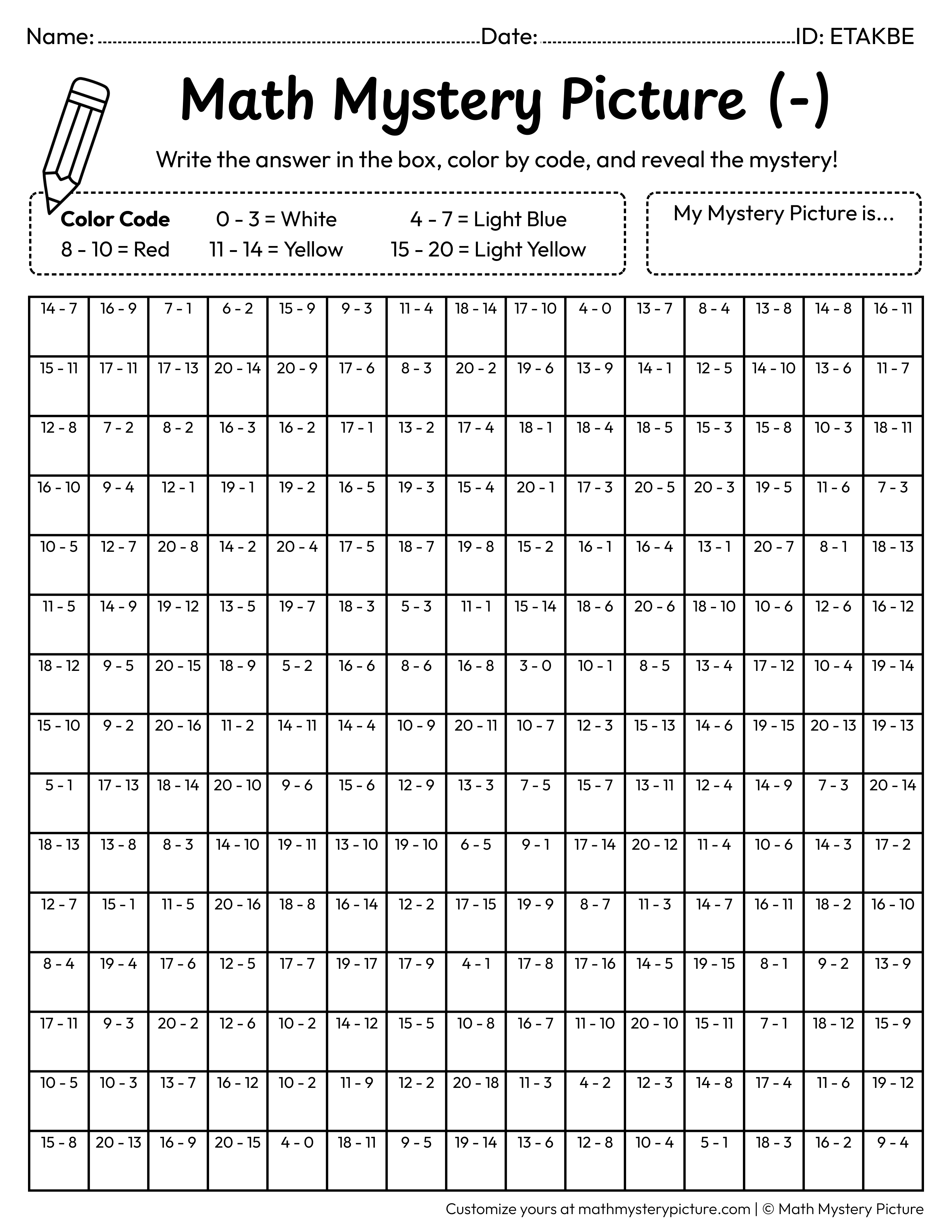Popcorn Subtraction Within 20 Math Mystery Picture Coloring Worksheet