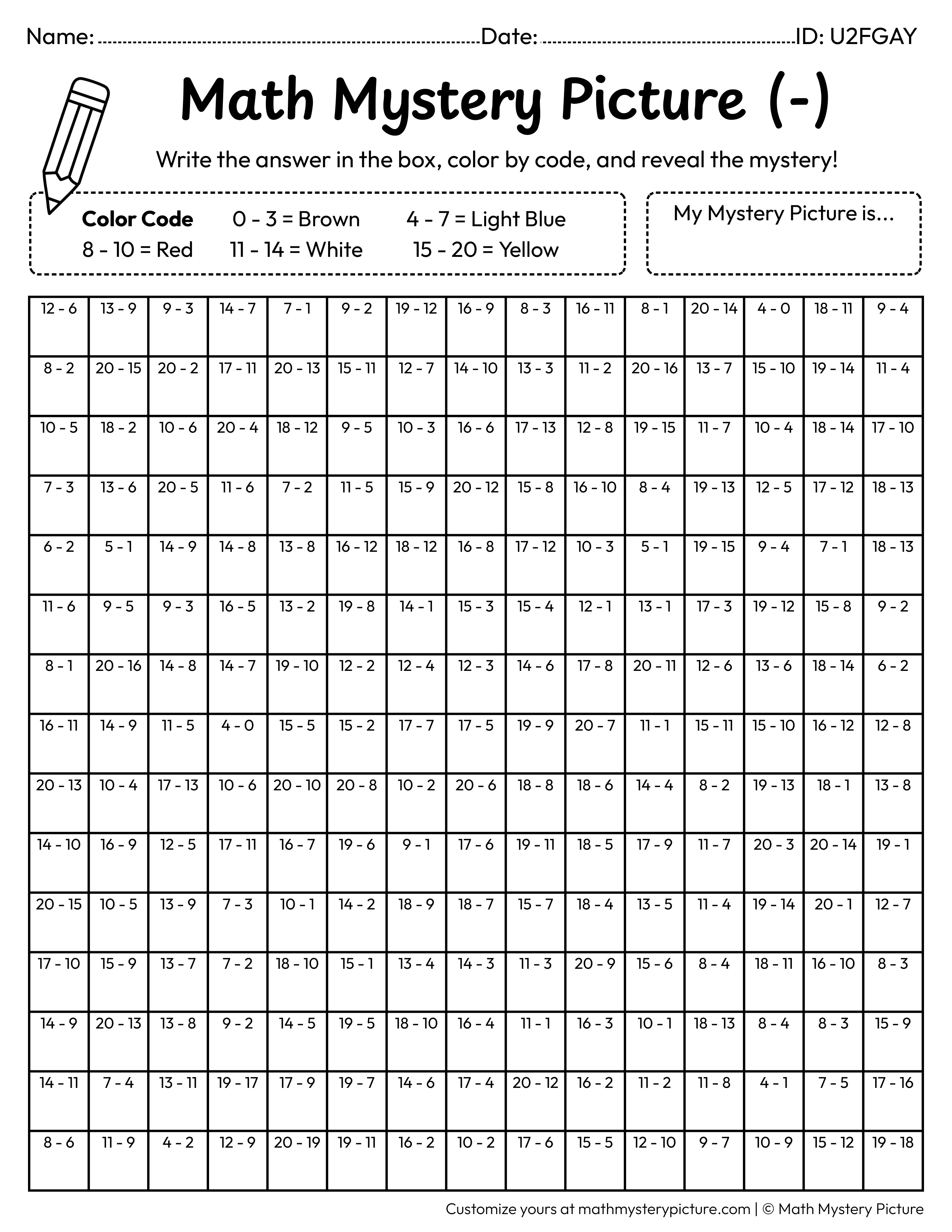 Soda Cup Subtraction Within 20 Math Mystery Picture Coloring Worksheet