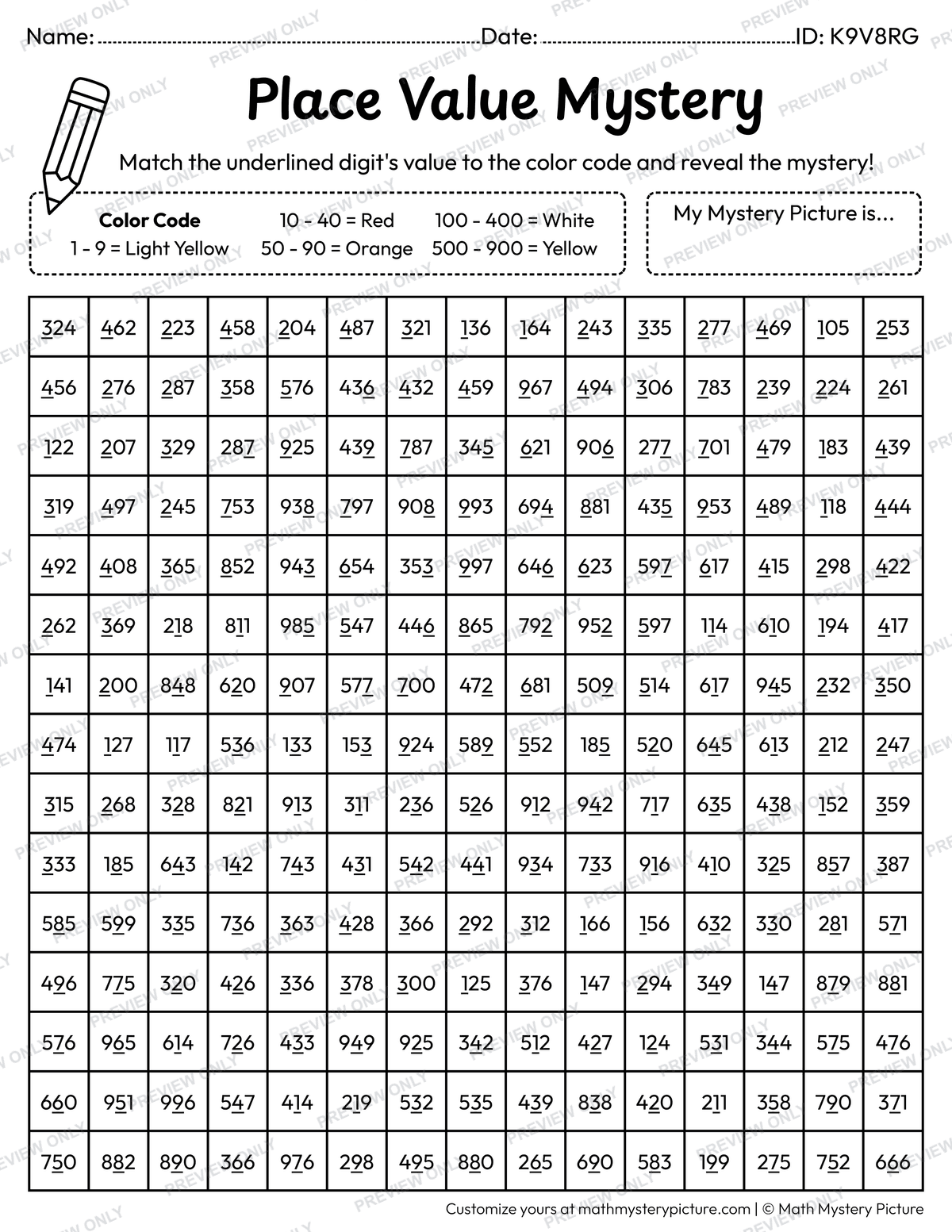 French Fries Value of Underlined Digit Math Mystery Picture Coloring Worksheet