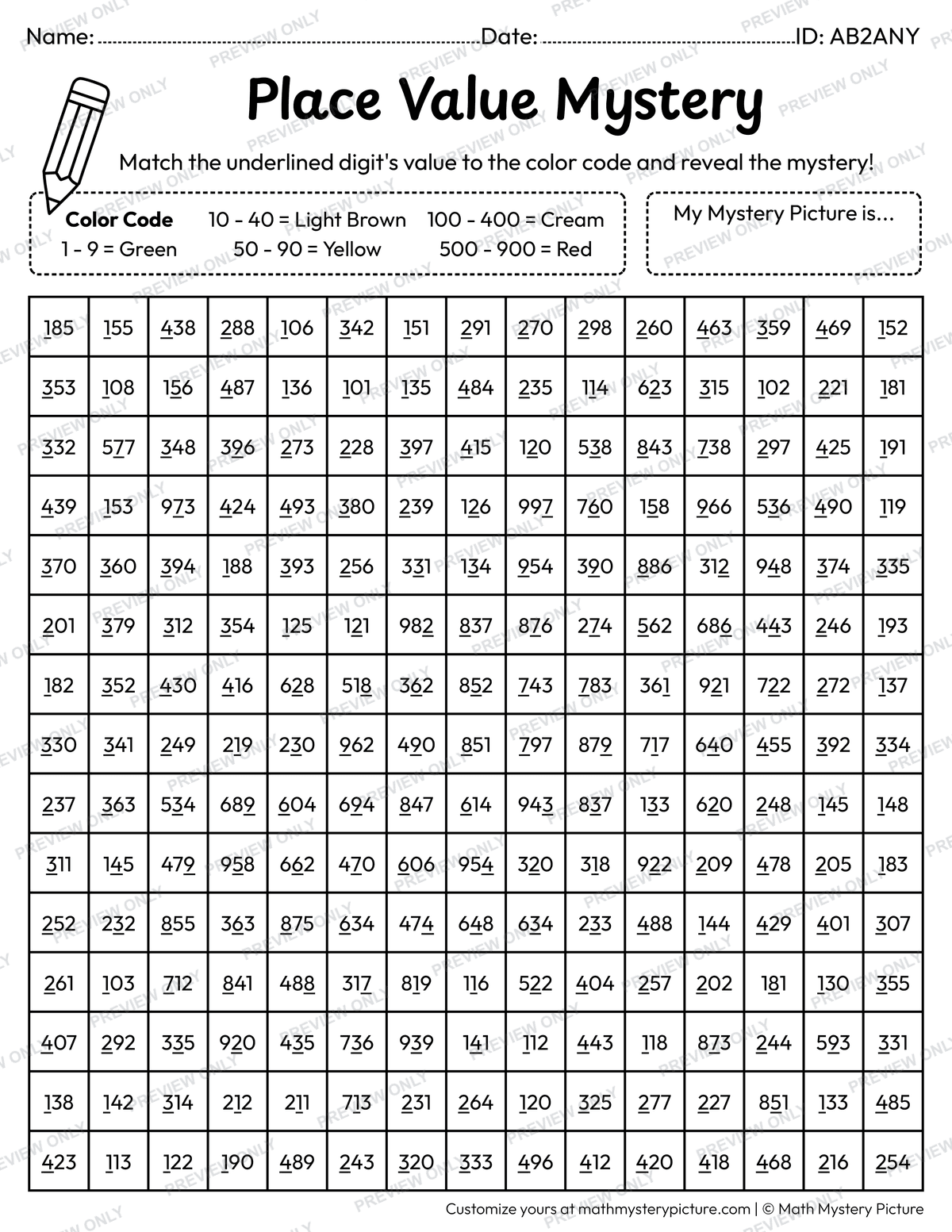Hot Dog Value of Underlined Digit Math Mystery Picture Coloring Worksheet