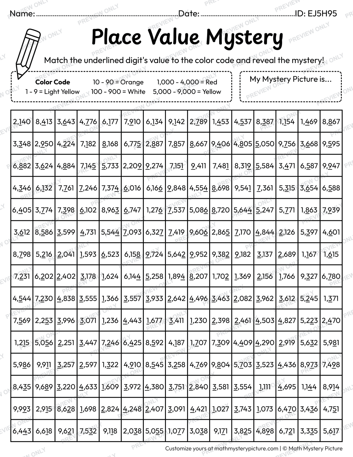 French Fries Value of Underlined Digit Math Mystery Picture Coloring Worksheet