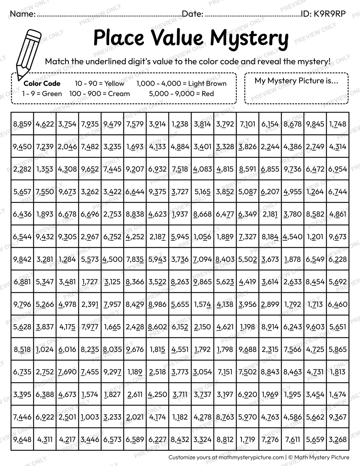 Hot Dog Value of Underlined Digit Math Mystery Picture Coloring Worksheet