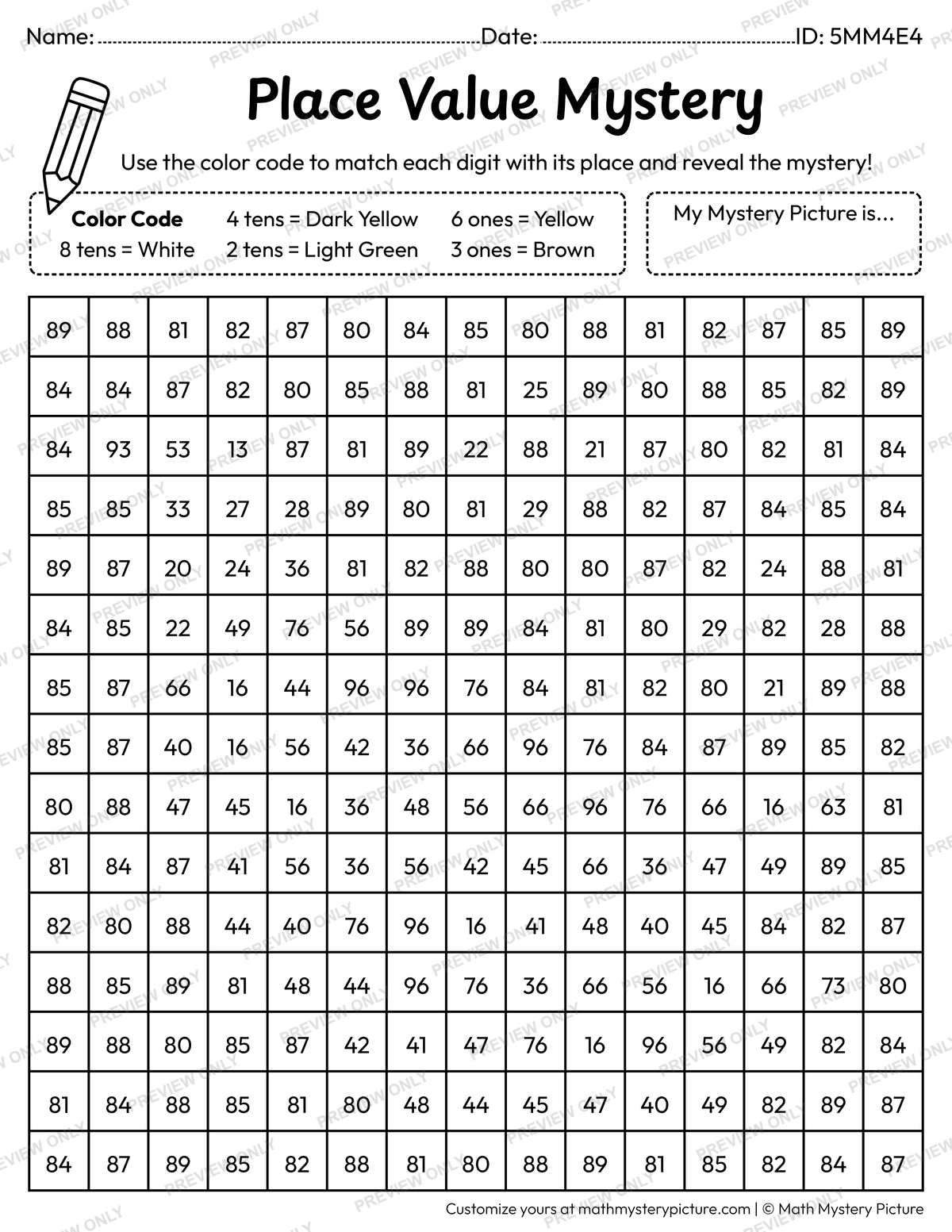 Bananas 2-digit Place Value Math Mystery Picture Coloring Worksheet
