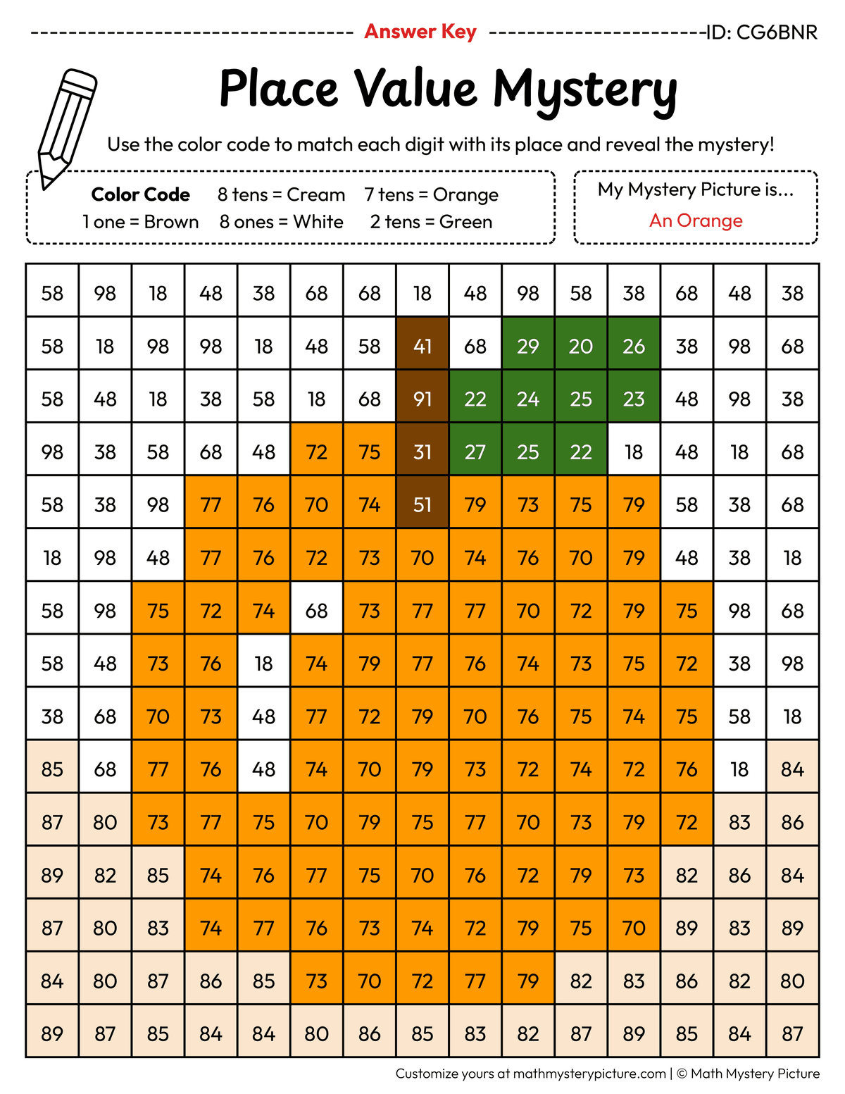 Orange 2-digit Place Value Math Mystery Picture Color by Number Answer Key