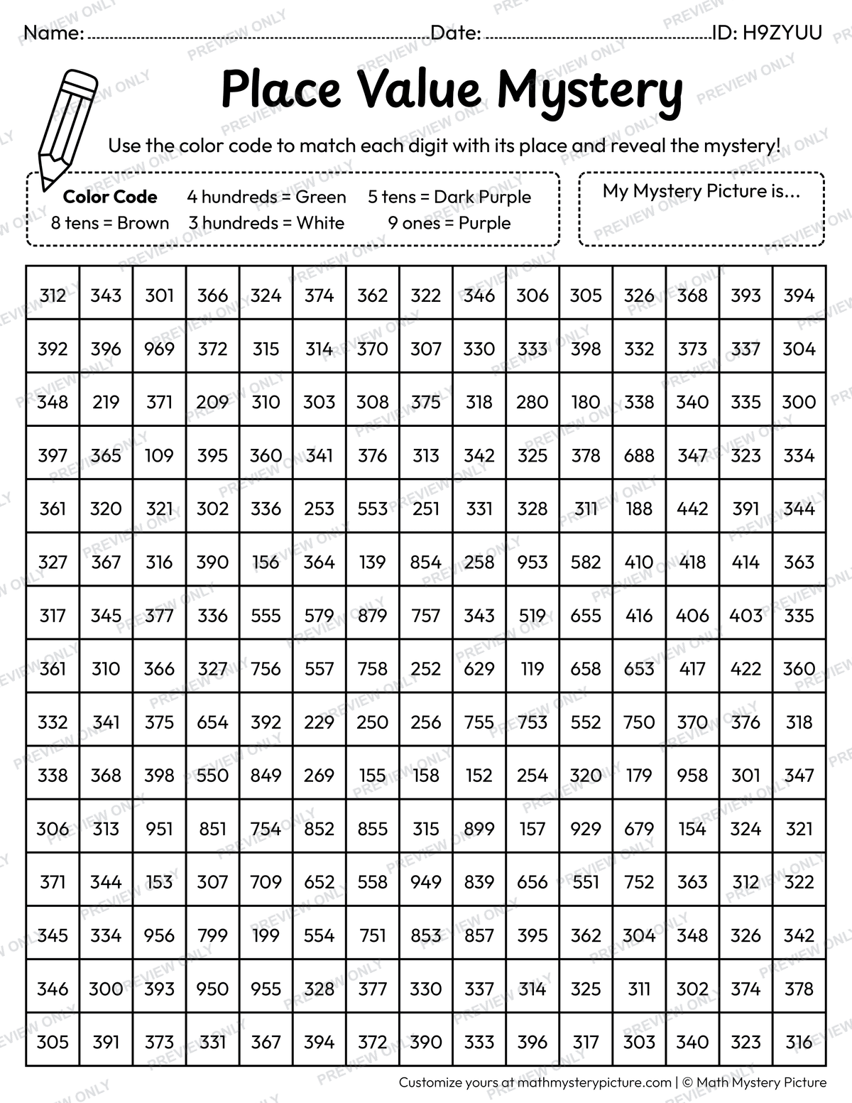 Grapes 3-digit Place Value Math Mystery Picture Coloring Worksheet