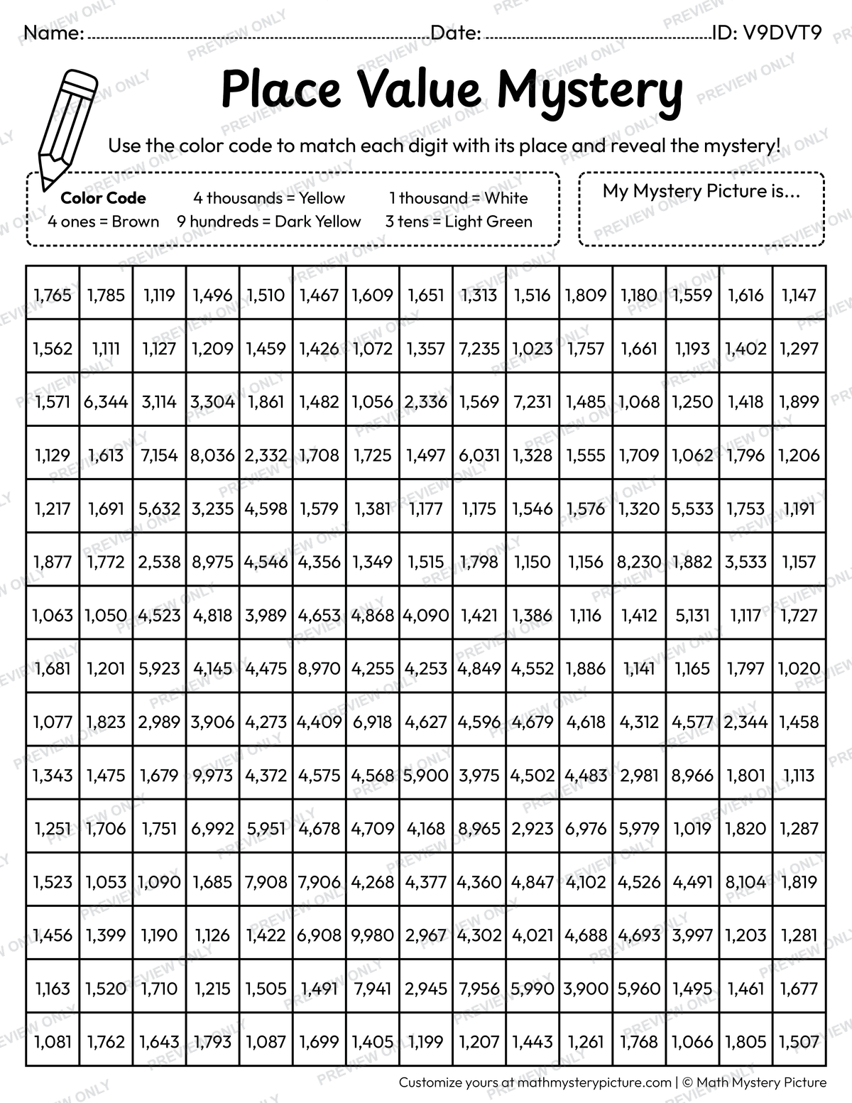 Bananas 4-digit Place Value Math Mystery Picture Coloring Worksheet