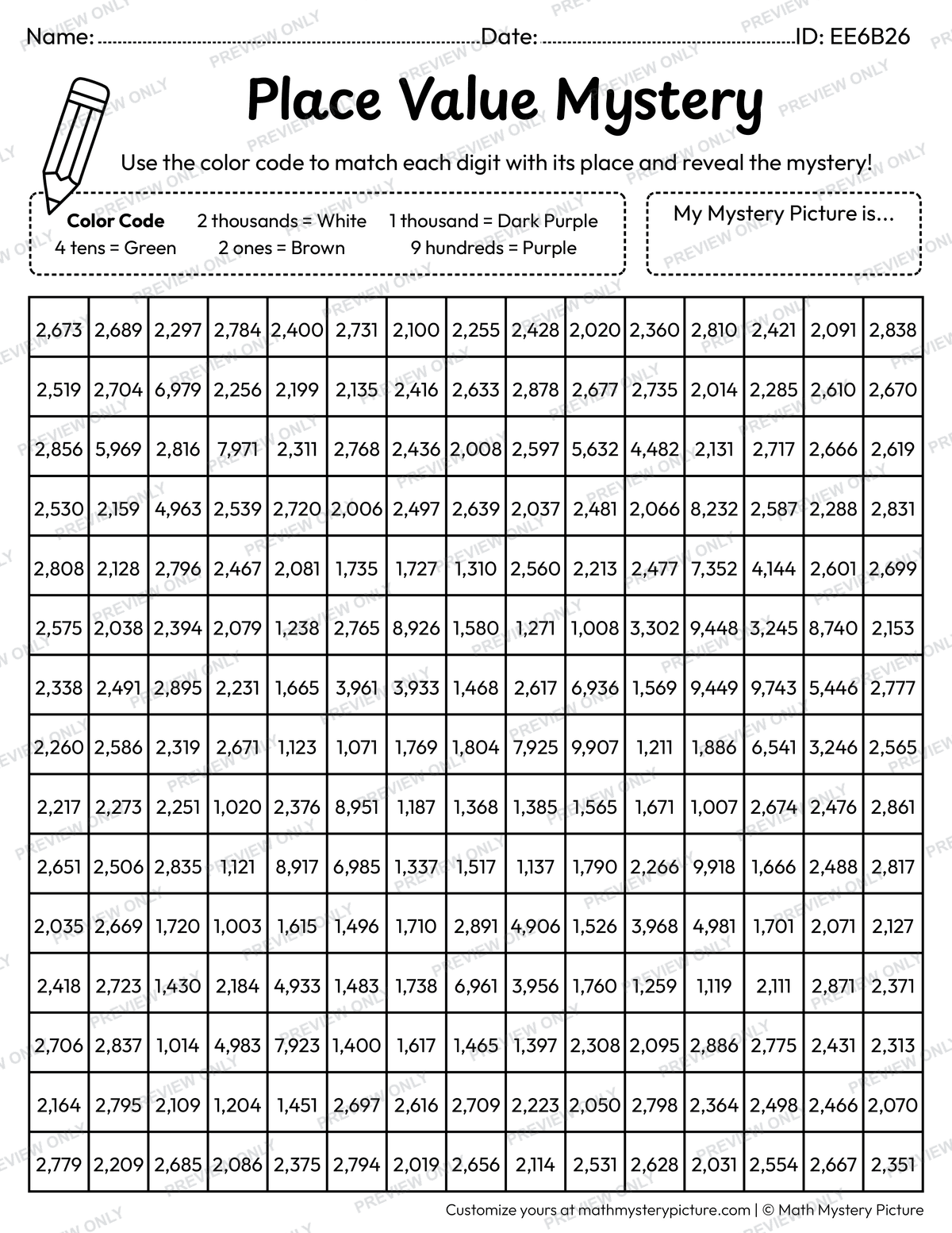 Grapes 4-digit Place Value Math Mystery Picture Coloring Worksheet