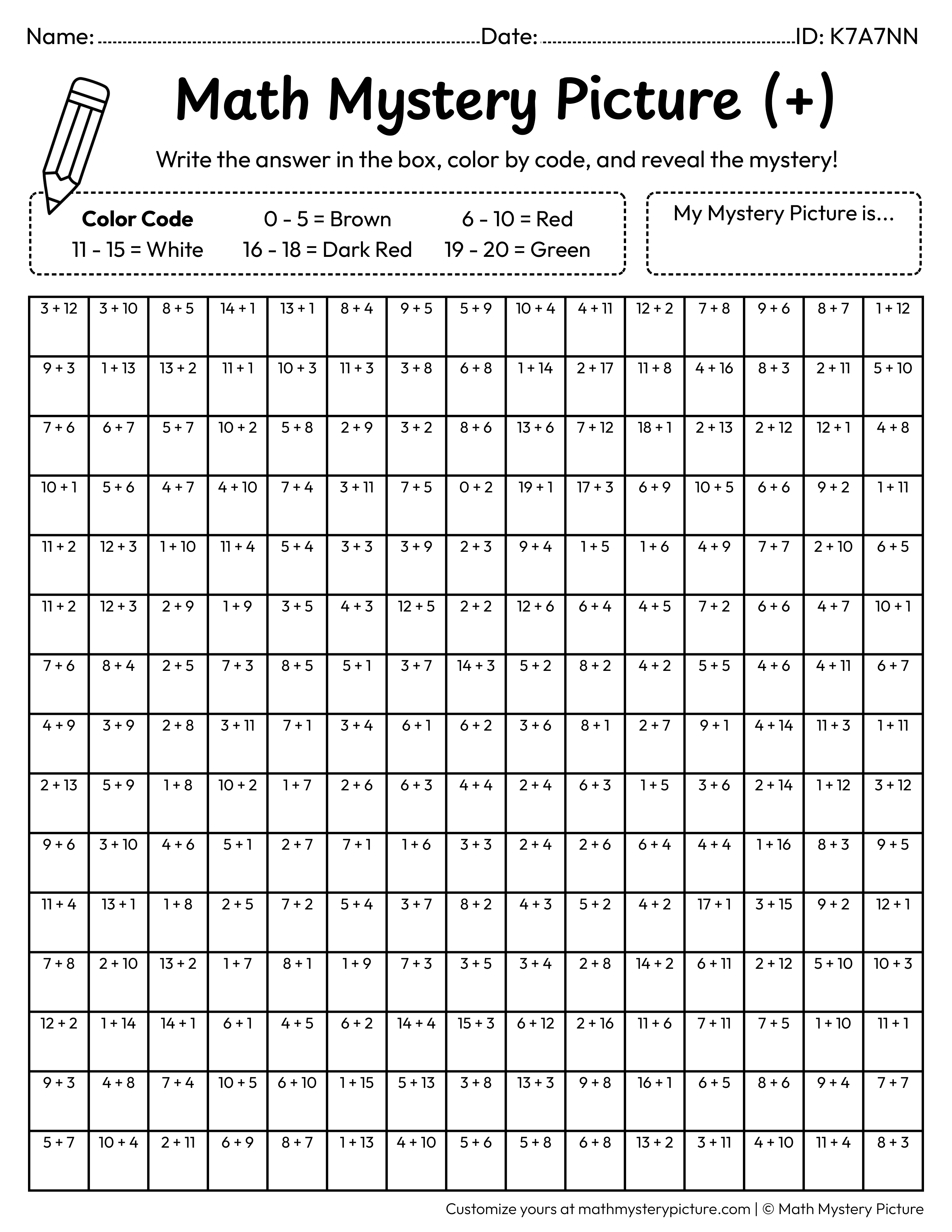 Apple Addition Within 20 Math Mystery Picture Coloring Worksheet