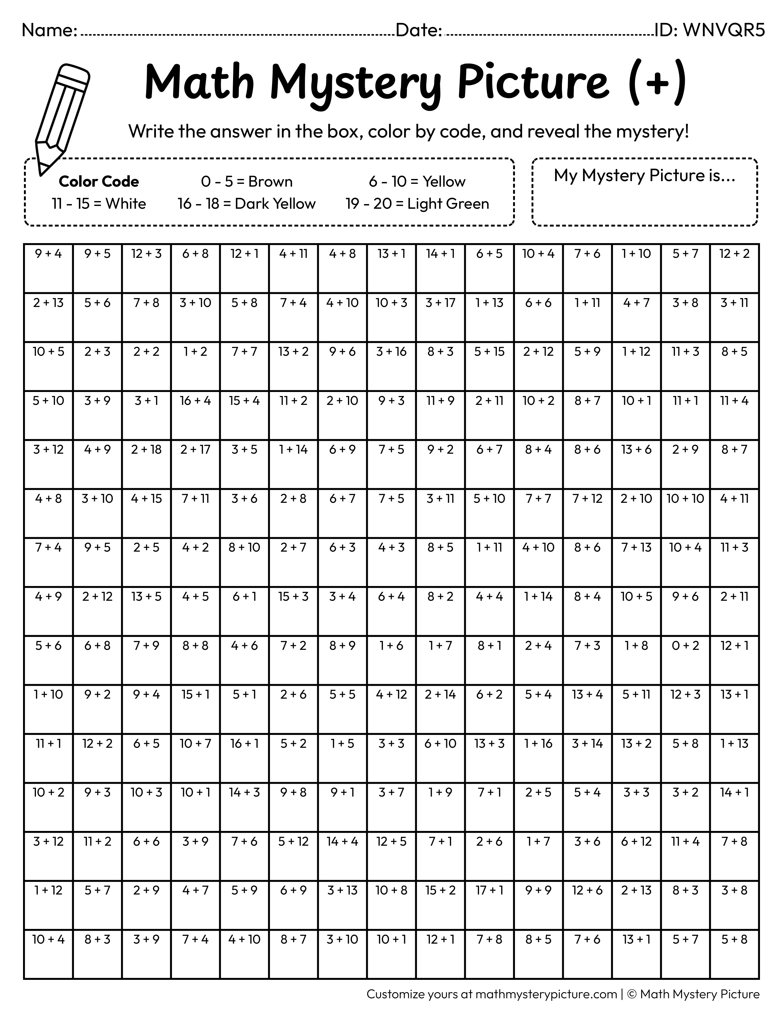 Bananas Addition Within 20 Math Mystery Picture Coloring Worksheet