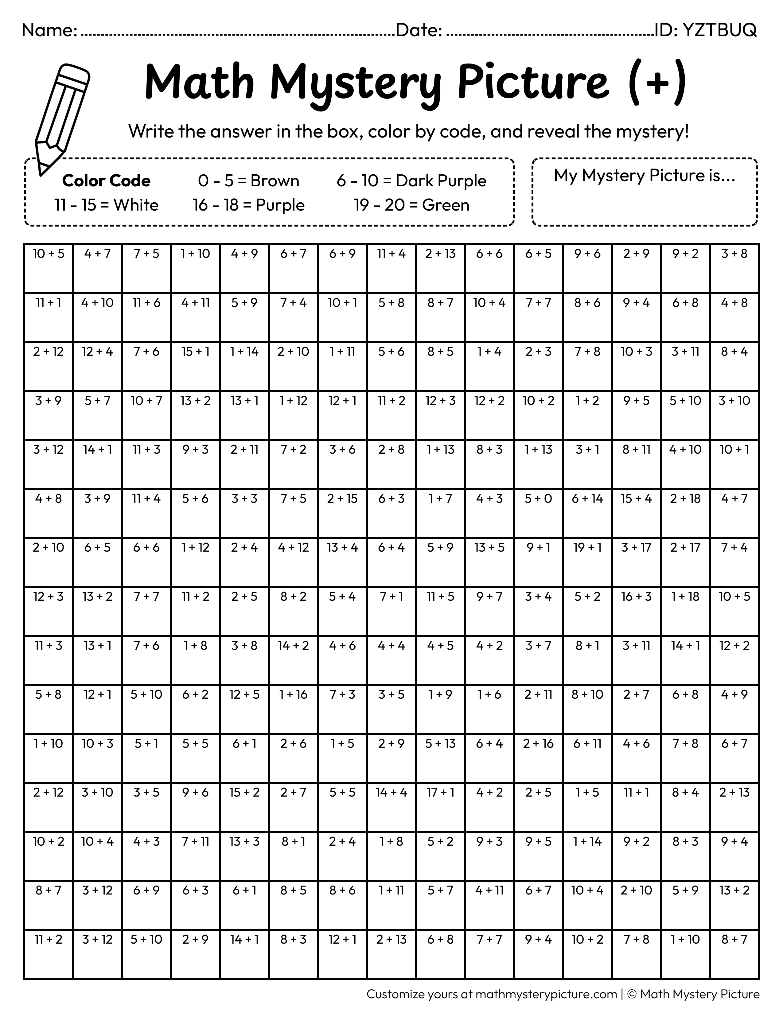 Grapes Addition Within 20 Math Mystery Picture Coloring Worksheet